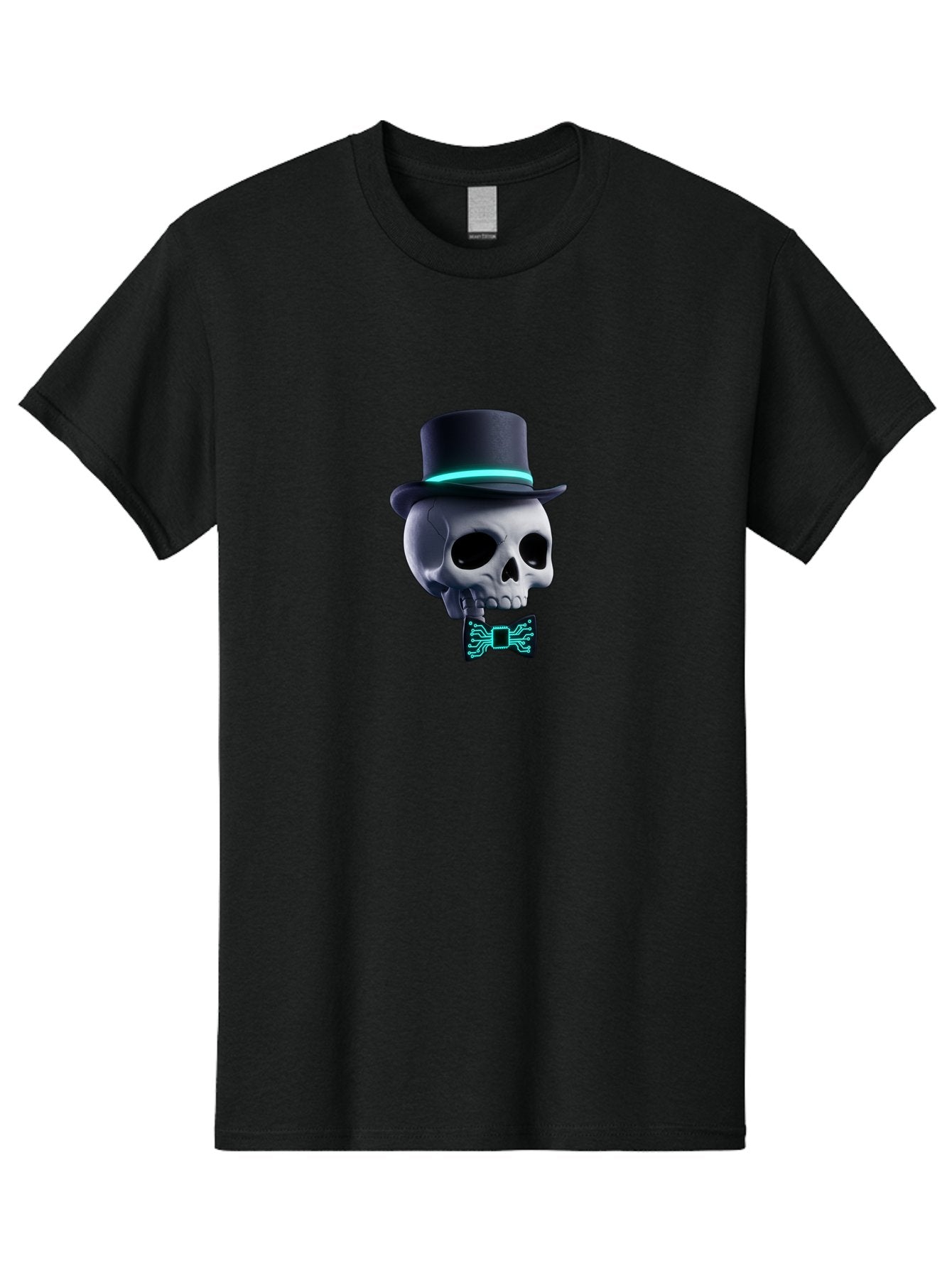 Skull-With-Top-Hat-And-Bow-Tie-2 Men'S Graphic Tee, 100% Cotton, Comfortable Casual Summer Wear, Machine Washable, Skull With Top Hat, Cyberpunk Style, Futuristic, Circuit Board, Bow Tie, Glowing Neon, Tech-Inspired Art, Gothic Chic, Bad624