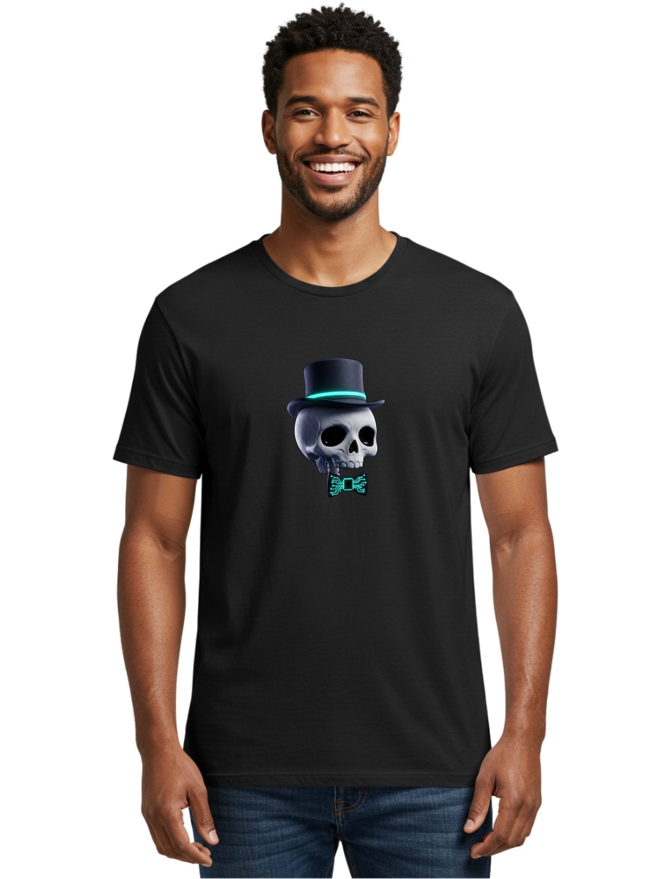 Skull-With-Top-Hat-And-Bow-Tie-2 Men'S Graphic Tee, 100% Cotton, Comfortable Casual Summer Wear, Machine Washable, Skull With Top Hat, Cyberpunk Style, Futuristic, Circuit Board, Bow Tie, Glowing Neon, Tech-Inspired Art, Gothic Chic, Bad624 19