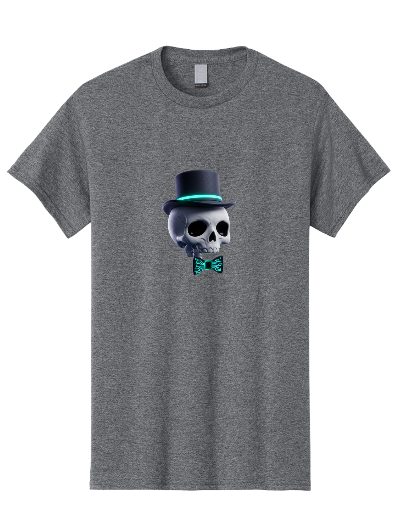 Skull-With-Top-Hat-And-Bow-Tie-2 Men'S Graphic Tee, 100% Cotton, Comfortable Casual Summer Wear, Machine Washable, Skull With Top Hat, Cyberpunk Style, Futuristic, Circuit Board, Bow Tie, Glowing Neon, Tech-Inspired Art, Gothic Chic, Bad624