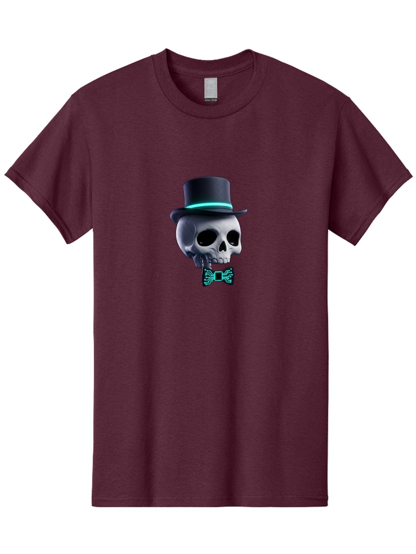 Skull-With-Top-Hat-And-Bow-Tie-2 Men'S Graphic Tee, 100% Cotton, Comfortable Casual Summer Wear, Machine Washable, Skull With Top Hat, Cyberpunk Style, Futuristic, Circuit Board, Bow Tie, Glowing Neon, Tech-Inspired Art, Gothic Chic, Bad624 10