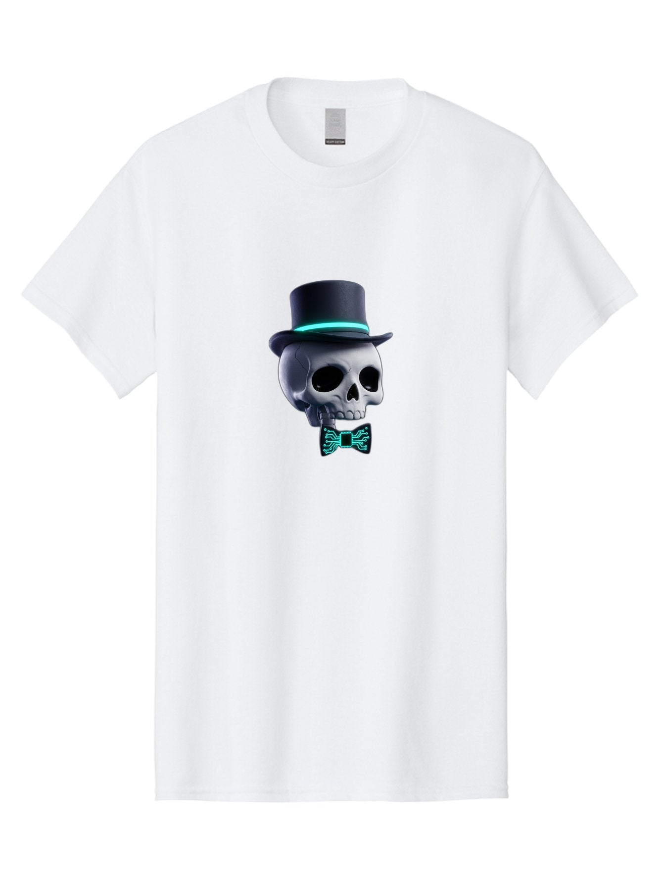 Skull-With-Top-Hat-And-Bow-Tie-2 Men'S Graphic Tee, 100% Cotton, Comfortable Casual Summer Wear, Machine Washable, Skull With Top Hat, Cyberpunk Style, Futuristic, Circuit Board, Bow Tie, Glowing Neon, Tech-Inspired Art, Gothic Chic, Bad624 11