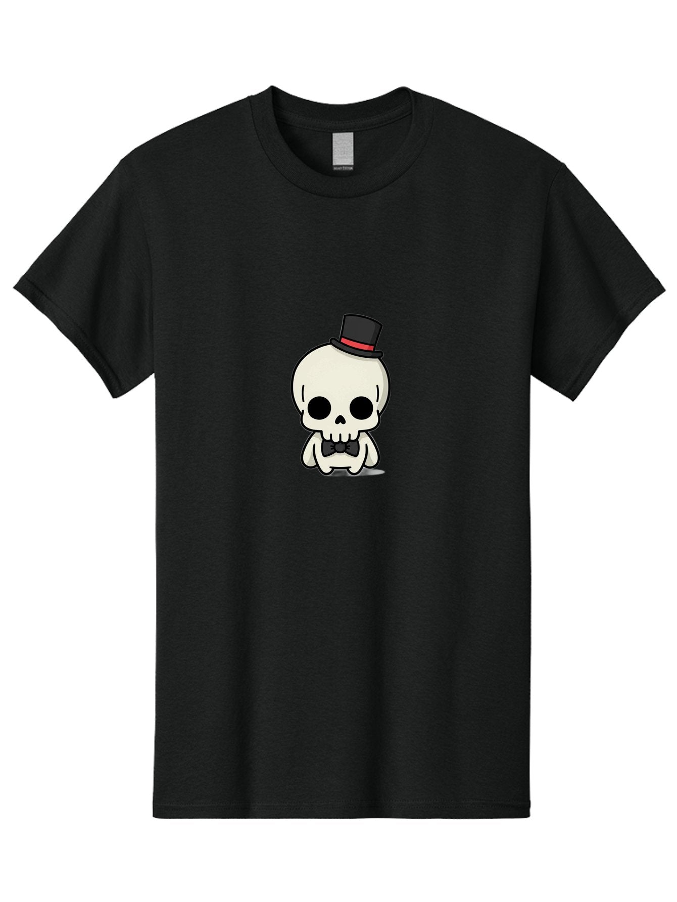 Skull-With-Top-Hat-And-Bow-Tie Men'S Graphic Tee, 100% Cotton, Comfortable Casual Summer Wear, Machine Washable, Cartoon Skull, Top Hat, Black Bow Tie, Skeleton Character, Spooky Charm, Gothic Style, Red Ribbon, Cute Skeleton, Bad625 4
