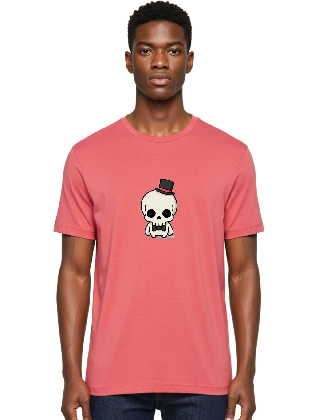 Skull-With-Top-Hat-And-Bow-Tie Men'S Graphic Tee, 100% Cotton, Comfortable Casual Summer Wear, Machine Washable, Cartoon Skull, Top Hat, Black Bow Tie, Skeleton Character, Spooky Charm, Gothic Style, Red Ribbon, Cute Skeleton, Bad625 25