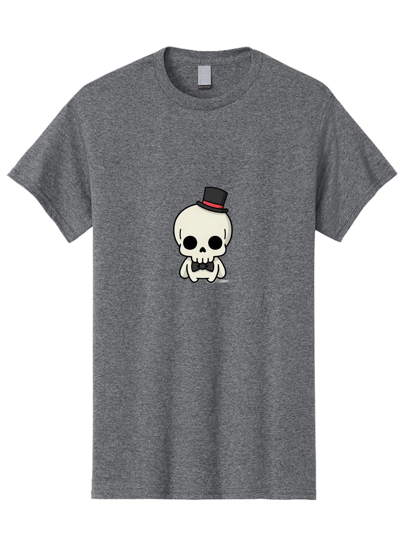 Skull-With-Top-Hat-And-Bow-Tie Men'S Graphic Tee, 100% Cotton, Comfortable Casual Summer Wear, Machine Washable, Cartoon Skull, Top Hat, Black Bow Tie, Skeleton Character, Spooky Charm, Gothic Style, Red Ribbon, Cute Skeleton, Bad625