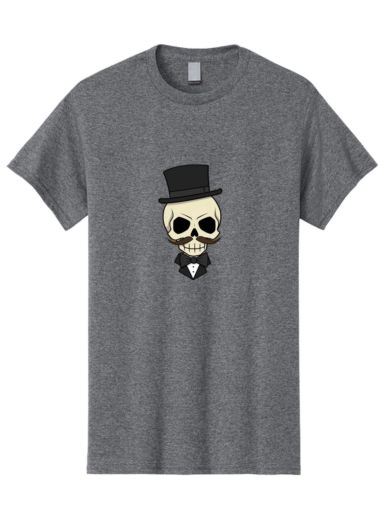 Skull-With-Top-Hat Men'S Graphic Tee, 100% Cotton, Comfortable Casual Summer Wear, Machine Washable, Human Skull With Hat And Mustache, Formal Attire, Bow Tie, Tuxedo, Gentlemanly Appearance, Refined Features, Elegant Design, Quirky Character Bad626