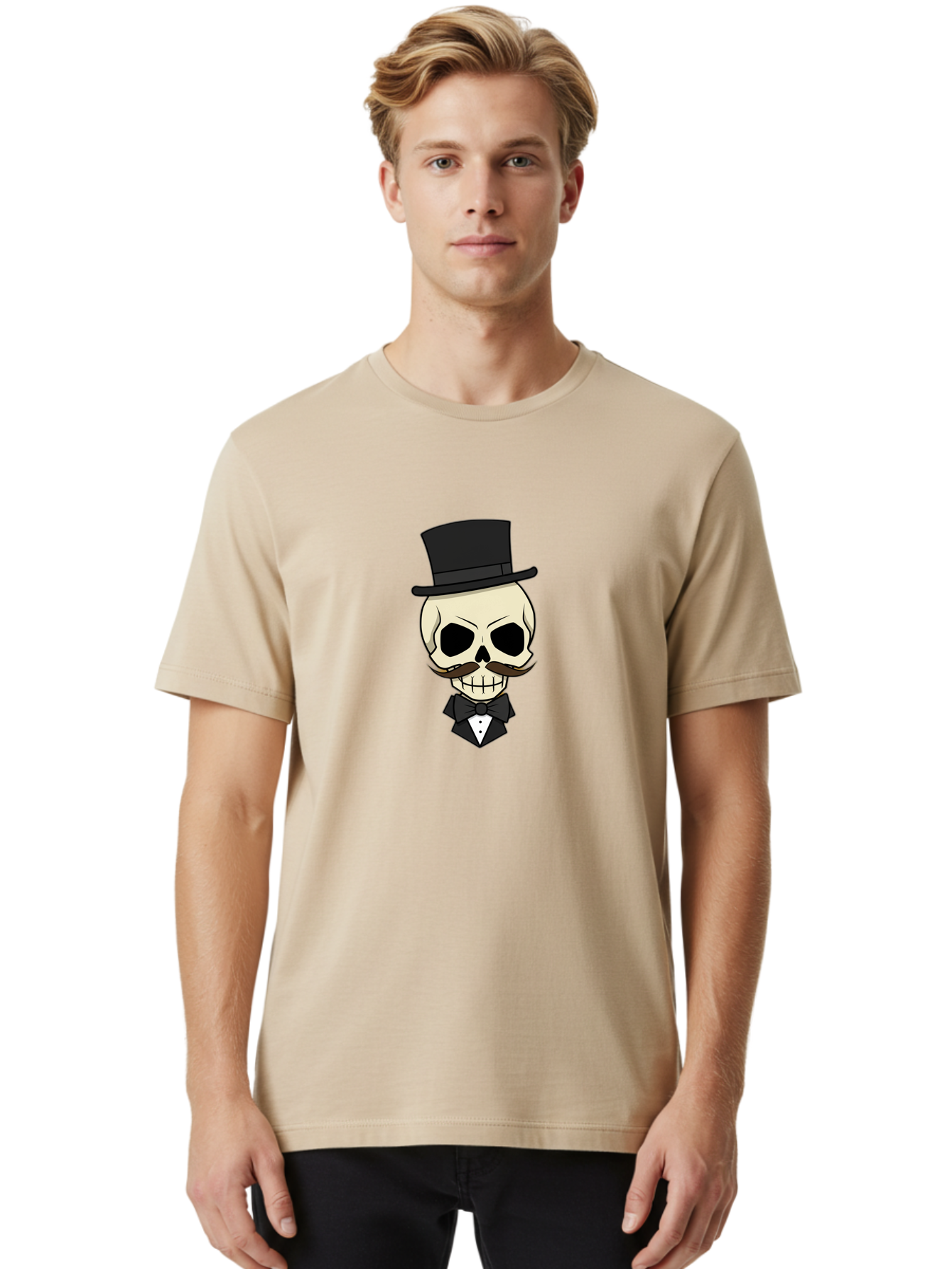 Skull-With-Top-Hat Men'S Graphic Tee, 100% Cotton, Comfortable Casual Summer Wear, Machine Washable, Human Skull With Hat And Mustache, Formal Attire, Bow Tie, Tuxedo, Gentlemanly Appearance, Refined Features, Elegant Design, Quirky Character Bad626 18