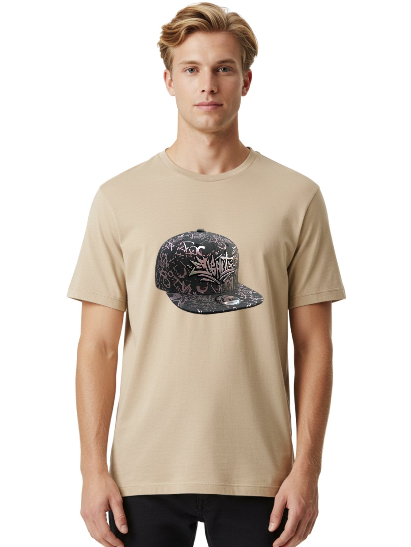 Slanted-Graffiti Men'S Graphic Tee, 100% Cotton, Comfortable Casual Summer Wear, Machine Washable, Black Baseball Cap, Graffiti Design, Streetwear Fashion, Urban Style, Snaghtz Logo, Casual Wear, Trendy Accessories, 47 Brand Label Bad628 24