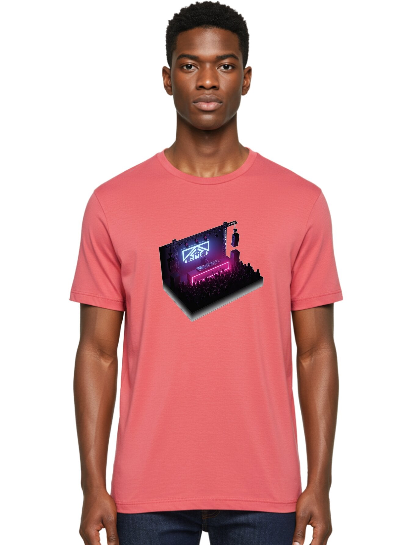 Smb-Stage Men'S Graphic Tee, 100% Cotton, Comfortable Casual Summer Wear, Machine Washable, Dj On Stage, Electronic Dance Music, 3D Graphic Design, Rave Party, Nightclub Atmosphere, Neon Lights, Futuristic Feel, Crowd Dancing, Concert Setup, Bad630 18
