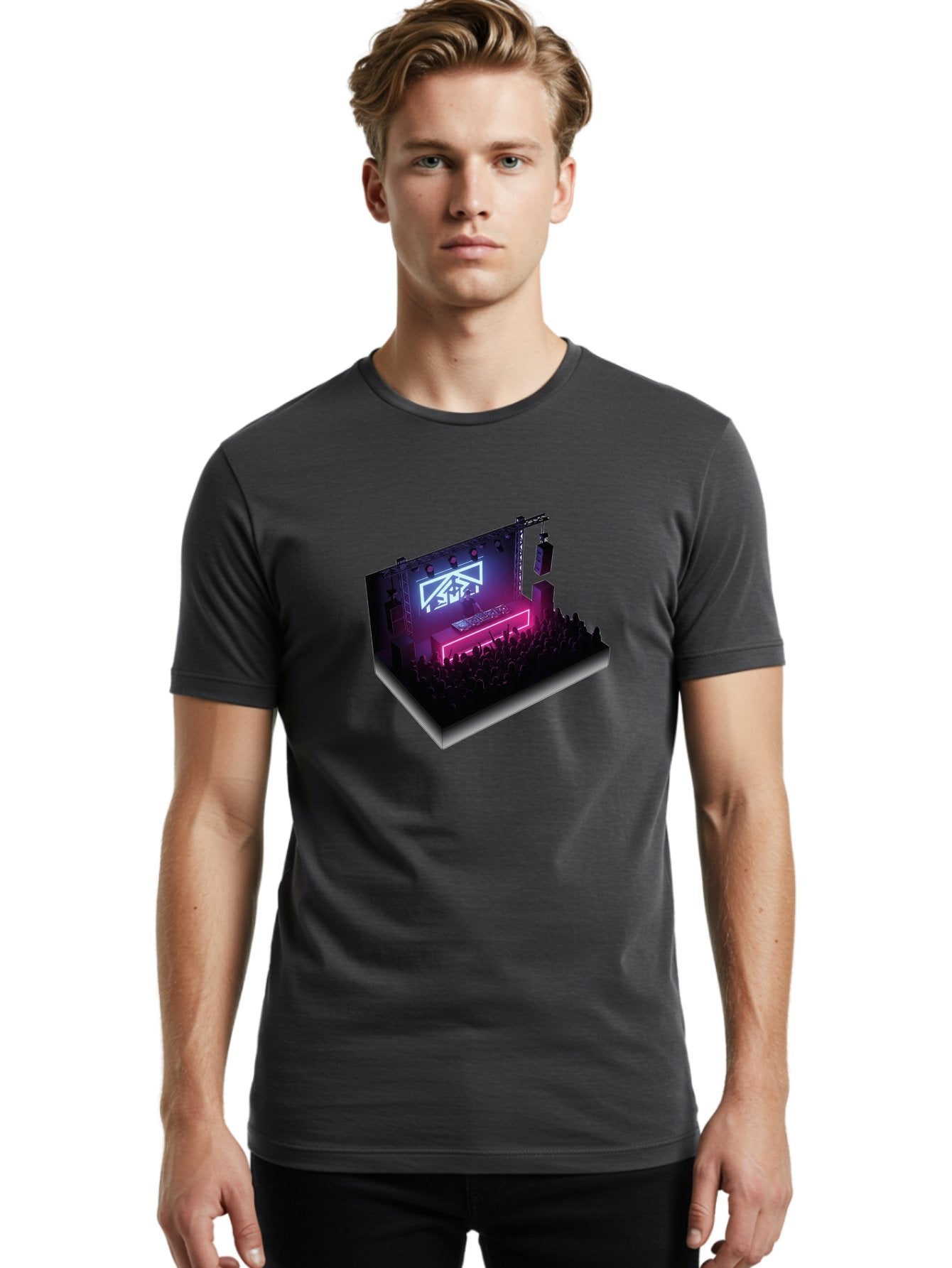 Smb-Stage Men'S Graphic Tee, 100% Cotton, Comfortable Casual Summer Wear, Machine Washable, Dj On Stage, Electronic Dance Music, 3D Graphic Design, Rave Party, Nightclub Atmosphere, Neon Lights, Futuristic Feel, Crowd Dancing, Concert Setup, Bad630 25