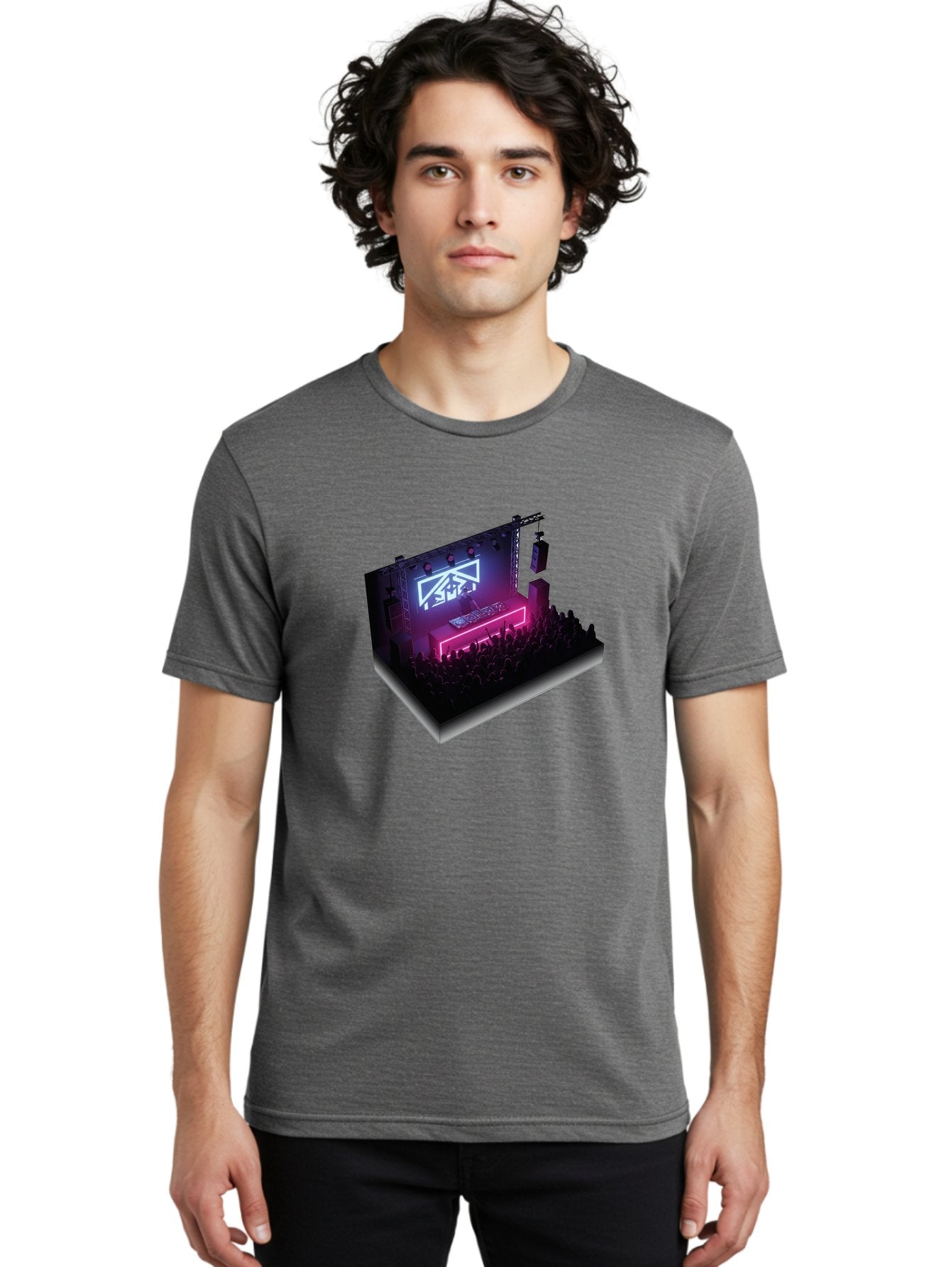 Smb-Stage Men'S Graphic Tee, 100% Cotton, Comfortable Casual Summer Wear, Machine Washable, Dj On Stage, Electronic Dance Music, 3D Graphic Design, Rave Party, Nightclub Atmosphere, Neon Lights, Futuristic Feel, Crowd Dancing, Concert Setup, Bad630 29