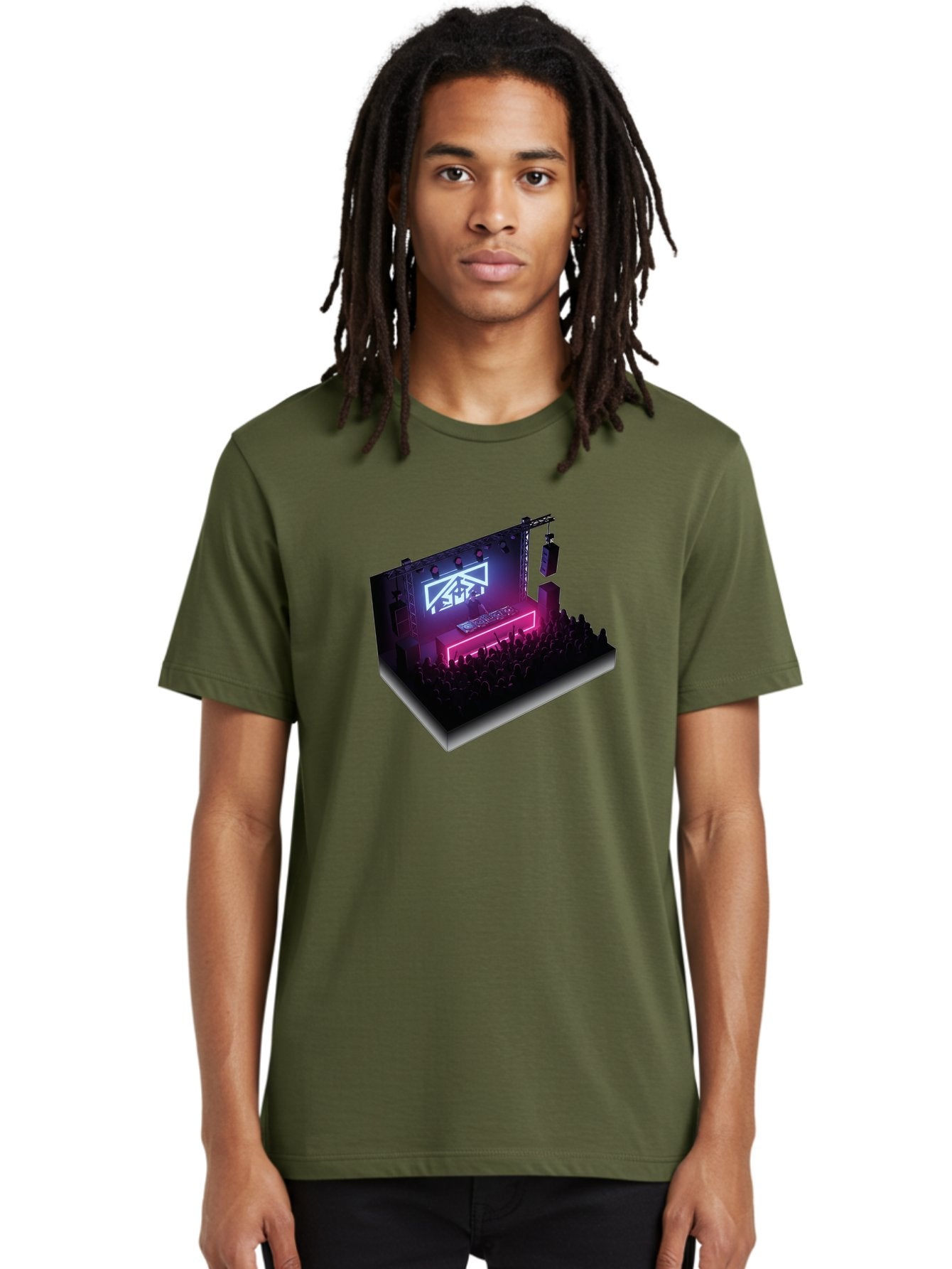 Smb-Stage Men'S Graphic Tee, 100% Cotton, Comfortable Casual Summer Wear, Machine Washable, Dj On Stage, Electronic Dance Music, 3D Graphic Design, Rave Party, Nightclub Atmosphere, Neon Lights, Futuristic Feel, Crowd Dancing, Concert Setup, Bad630 24