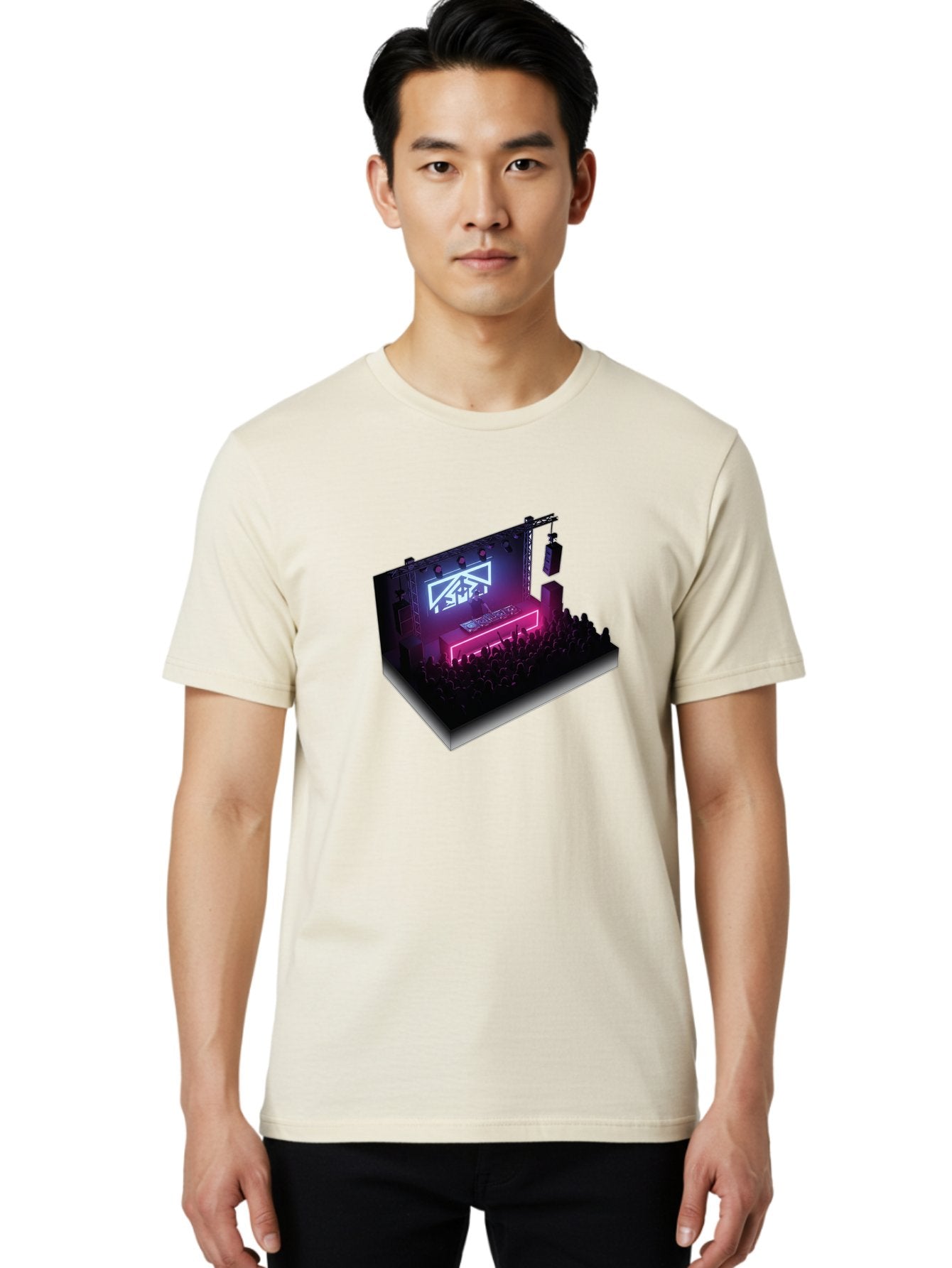 Smb-Stage Men'S Graphic Tee, 100% Cotton, Comfortable Casual Summer Wear, Machine Washable, Dj On Stage, Electronic Dance Music, 3D Graphic Design, Rave Party, Nightclub Atmosphere, Neon Lights, Futuristic Feel, Crowd Dancing, Concert Setup, Bad630 23