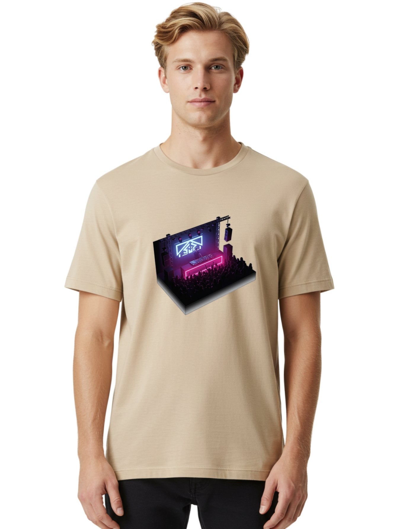Smb-Stage Men'S Graphic Tee, 100% Cotton, Comfortable Casual Summer Wear, Machine Washable, Dj On Stage, Electronic Dance Music, 3D Graphic Design, Rave Party, Nightclub Atmosphere, Neon Lights, Futuristic Feel, Crowd Dancing, Concert Setup, Bad630 19