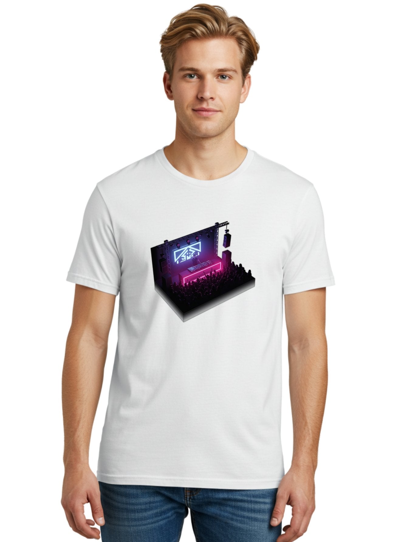 Smb-Stage Men'S Graphic Tee, 100% Cotton, Comfortable Casual Summer Wear, Machine Washable, Dj On Stage, Electronic Dance Music, 3D Graphic Design, Rave Party, Nightclub Atmosphere, Neon Lights, Futuristic Feel, Crowd Dancing, Concert Setup, Bad630 26