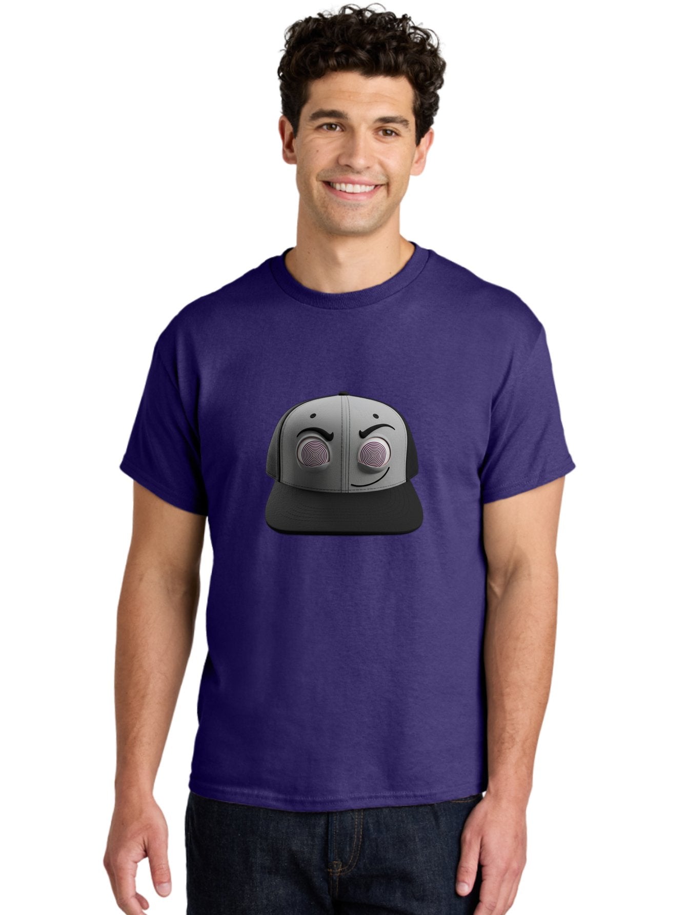 Smile-Baseball-Cap Men'S Graphic Tee, 100% Cotton, Comfortable Casual Summer Wear, Machine Washable, Baseball Cap, Face Design, Spiral Eyes, Smiling Face, Black And Grey, Unique Accessory, Fashion Statement, Streetwear Style Bad631 17