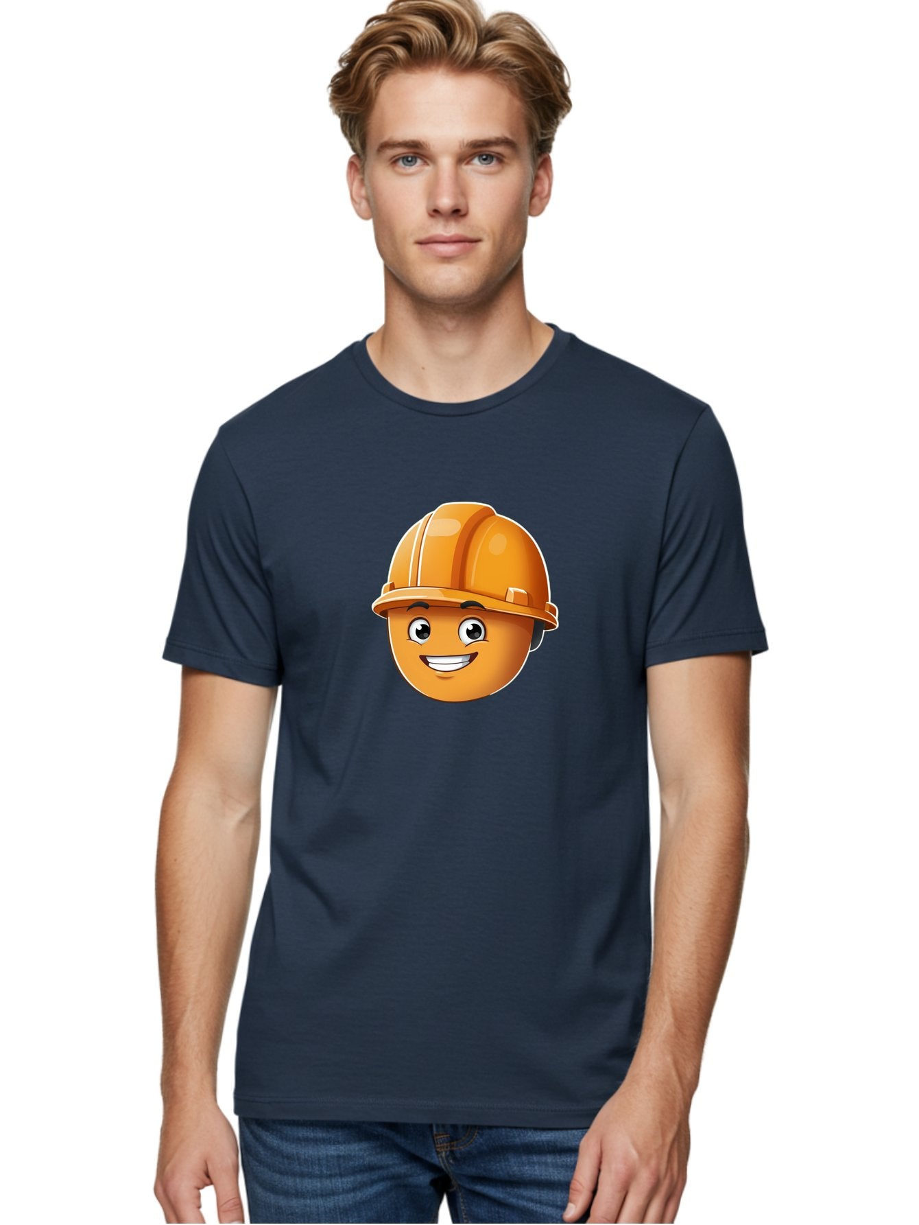 Smiley-Hardhat-Emoji Men'S Graphic Tee, 100% Cotton, Comfortable Casual Summer Wear, Machine Washable, Smiling Face, Hard Hat, Construction Worker, Cartoon Character, Safety Gear, Happy Expression, Orange Hardhat, 3D Illustration, Bad632 29