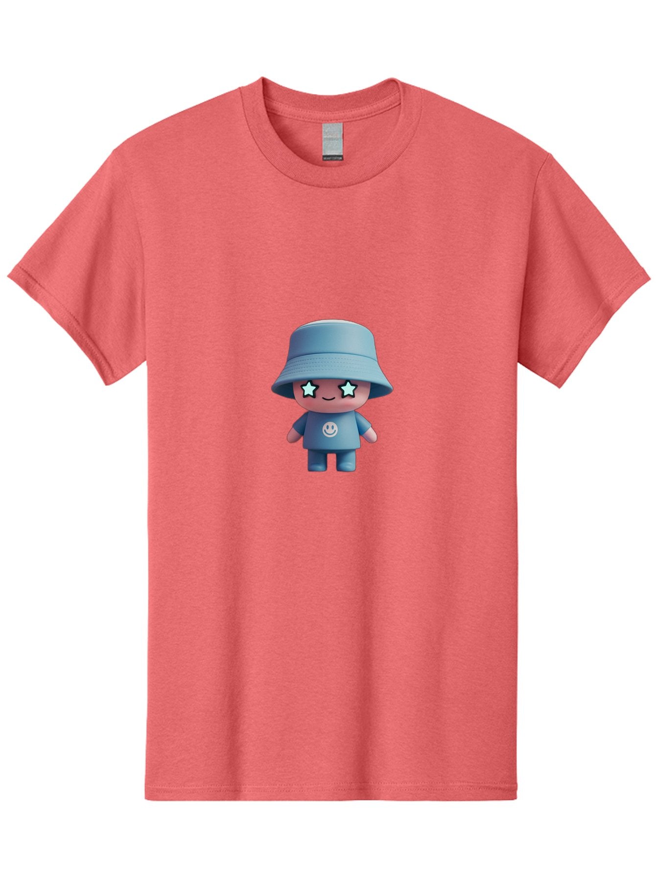 Smiley-Star-Eyes-Doll Men'S Graphic Tee, 100% Cotton, Comfortable Casual Summer Wear, Machine Washable, Kawaii Toy, Cartoon Character, Smiley Face, Bucket Hat, Blue Outfit, Star Eyes, Cute Doll, Figurine, Playful Design, Fun Toy, Smiling Face Bad633