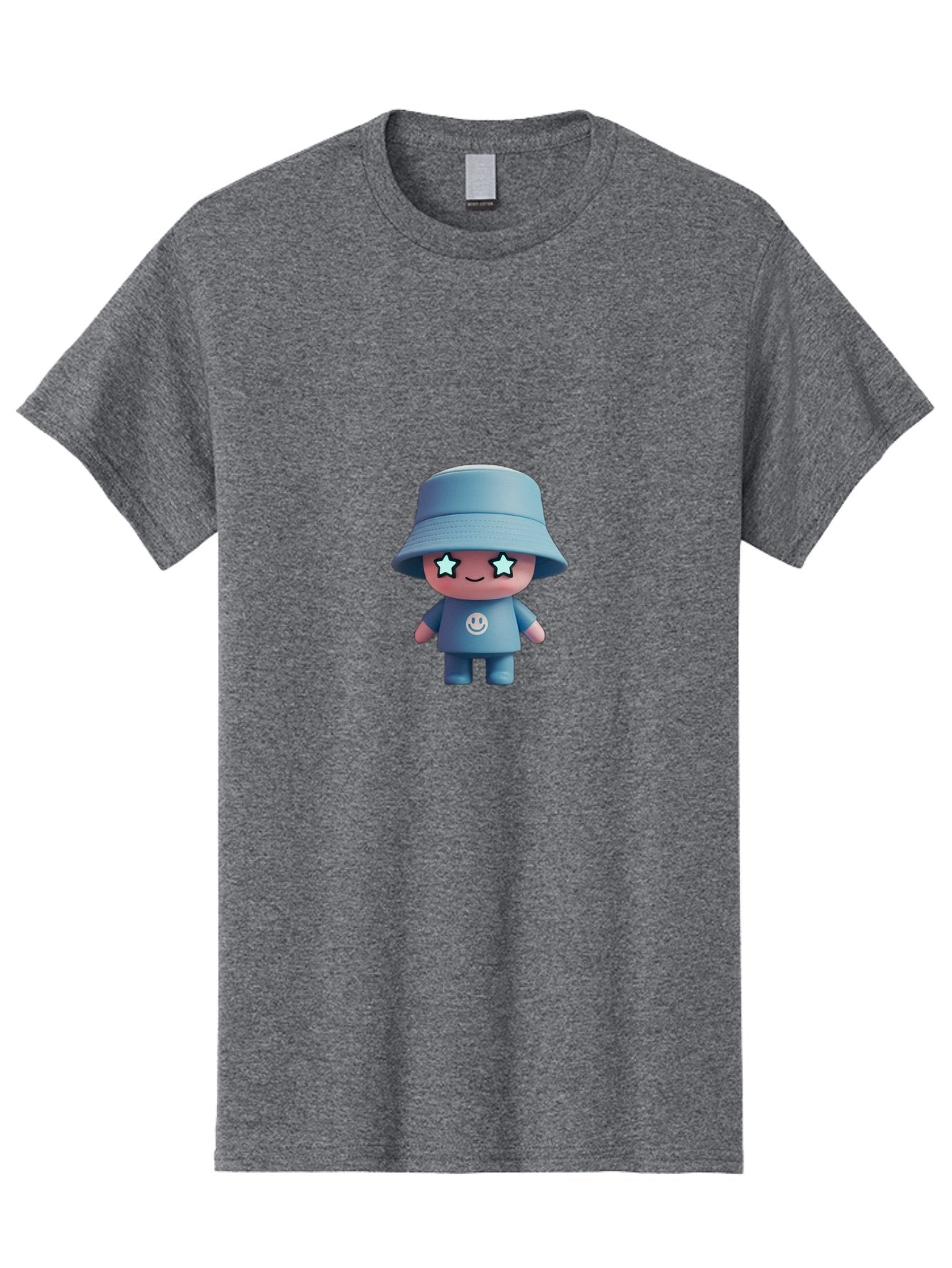 Smiley-Star-Eyes-Doll Men'S Graphic Tee, 100% Cotton, Comfortable Casual Summer Wear, Machine Washable, Kawaii Toy, Cartoon Character, Smiley Face, Bucket Hat, Blue Outfit, Star Eyes, Cute Doll, Figurine, Playful Design, Fun Toy, Smiling Face Bad633 4