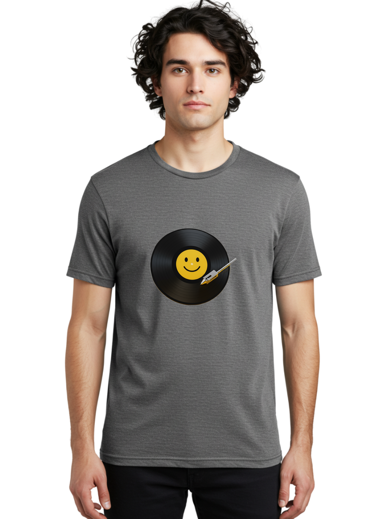 Smiley-Vinyl-Record Men'S Graphic Tee, 100% Cotton, Comfortable Casual Summer Wear, Machine Washable, Vinyl Record, Smiley Face, Music, Gramophone Needle, Retro Design, Happy Vibes, Music Lover, Record Player, Nostalgic Feel, Emoticon Bad634 25