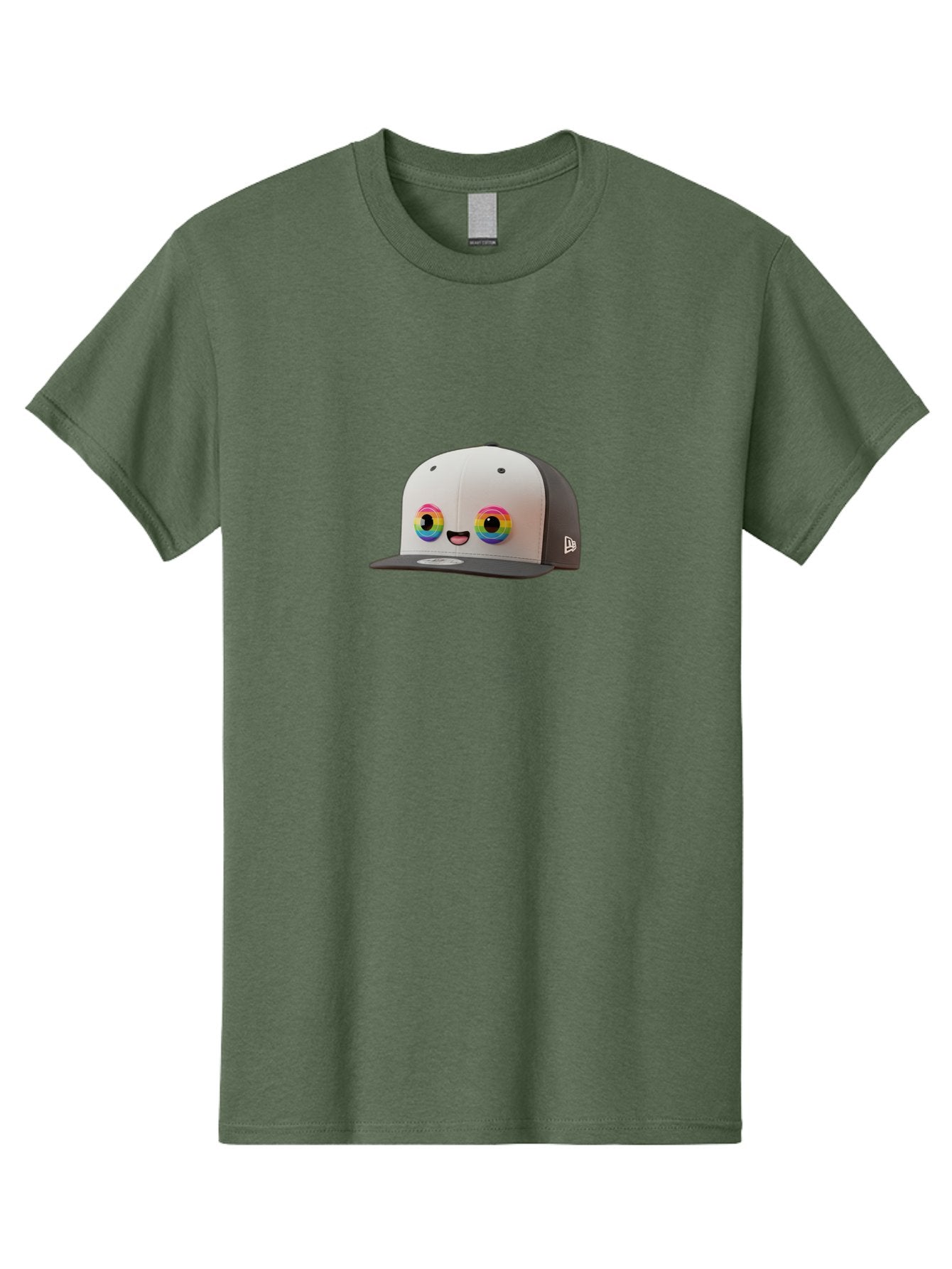 Smiling-Baseball-Cap Men'S Graphic Tee, 100% Cotton, Comfortable Casual Summer Wear, Machine Washable, Baseball Cap, Cartoon Eyes, Bright Colors, New Era Logo, Funny Face, Smiling Hat, Animated Character, Rainbow Eyes, Casual Wear, Bad635