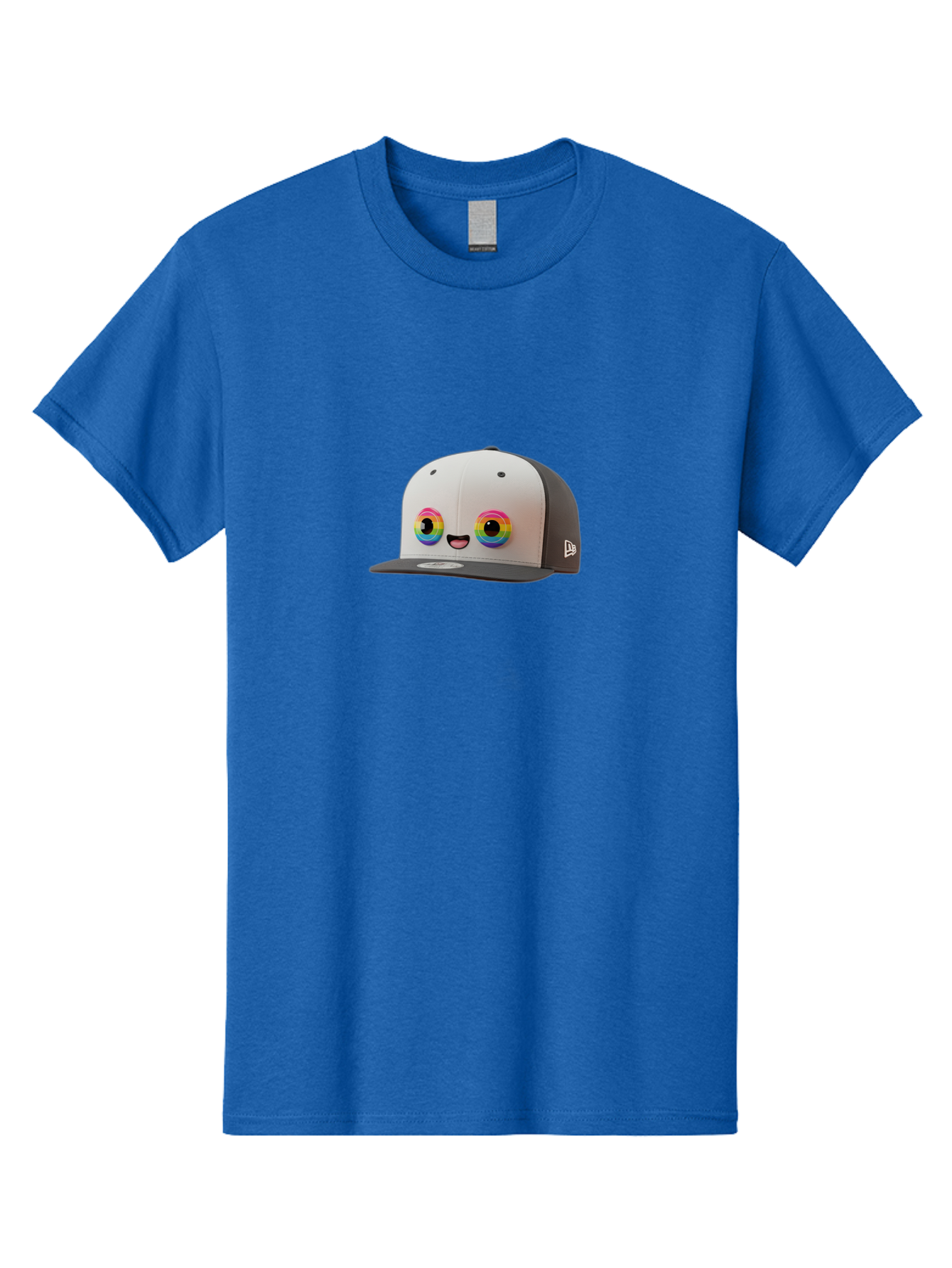 Smiling-Baseball-Cap Men'S Graphic Tee, 100% Cotton, Comfortable Casual Summer Wear, Machine Washable, Baseball Cap, Cartoon Eyes, Bright Colors, New Era Logo, Funny Face, Smiling Hat, Animated Character, Rainbow Eyes, Casual Wear, Bad635