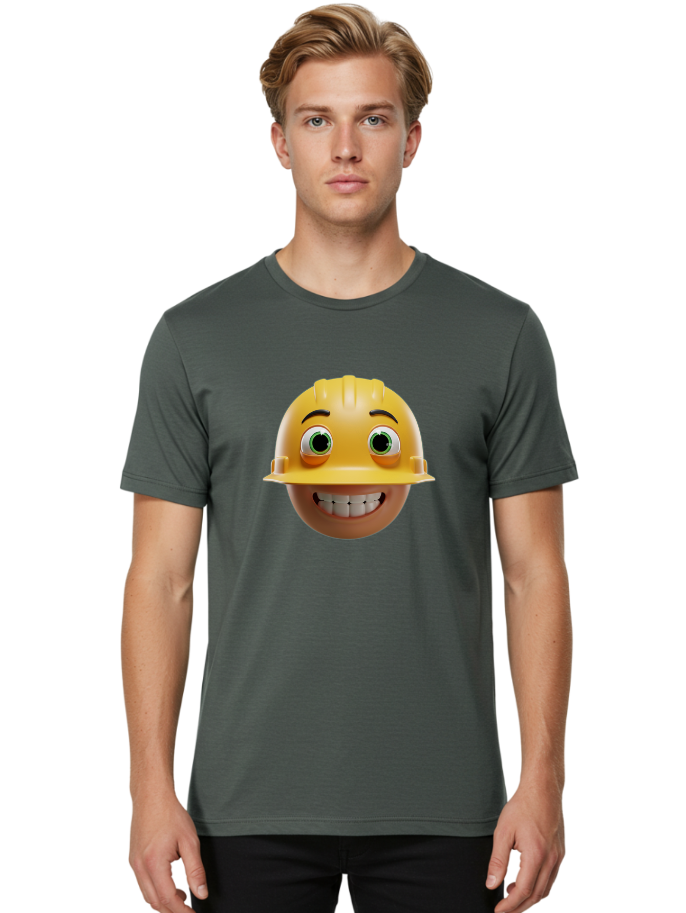 Smiling-Face-With-Hard-Hat Men'S Graphic Tee, 100% Cotton, Comfortable Casual Summer Wear, Machine Washable, Construction Worker, Happy Face, Yellow Hard Hat, Emoji Character, Cartoon Style, Funny Expression, Big Smile, Construction Theme, Bad638 29
