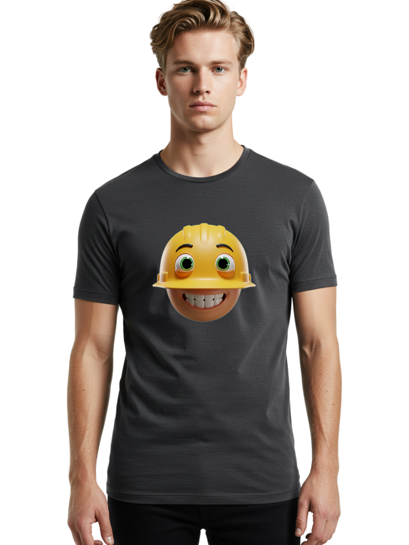 Smiling-Face-With-Hard-Hat Men'S Graphic Tee, 100% Cotton, Comfortable Casual Summer Wear, Machine Washable, Construction Worker, Happy Face, Yellow Hard Hat, Emoji Character, Cartoon Style, Funny Expression, Big Smile, Construction Theme, Bad638 30