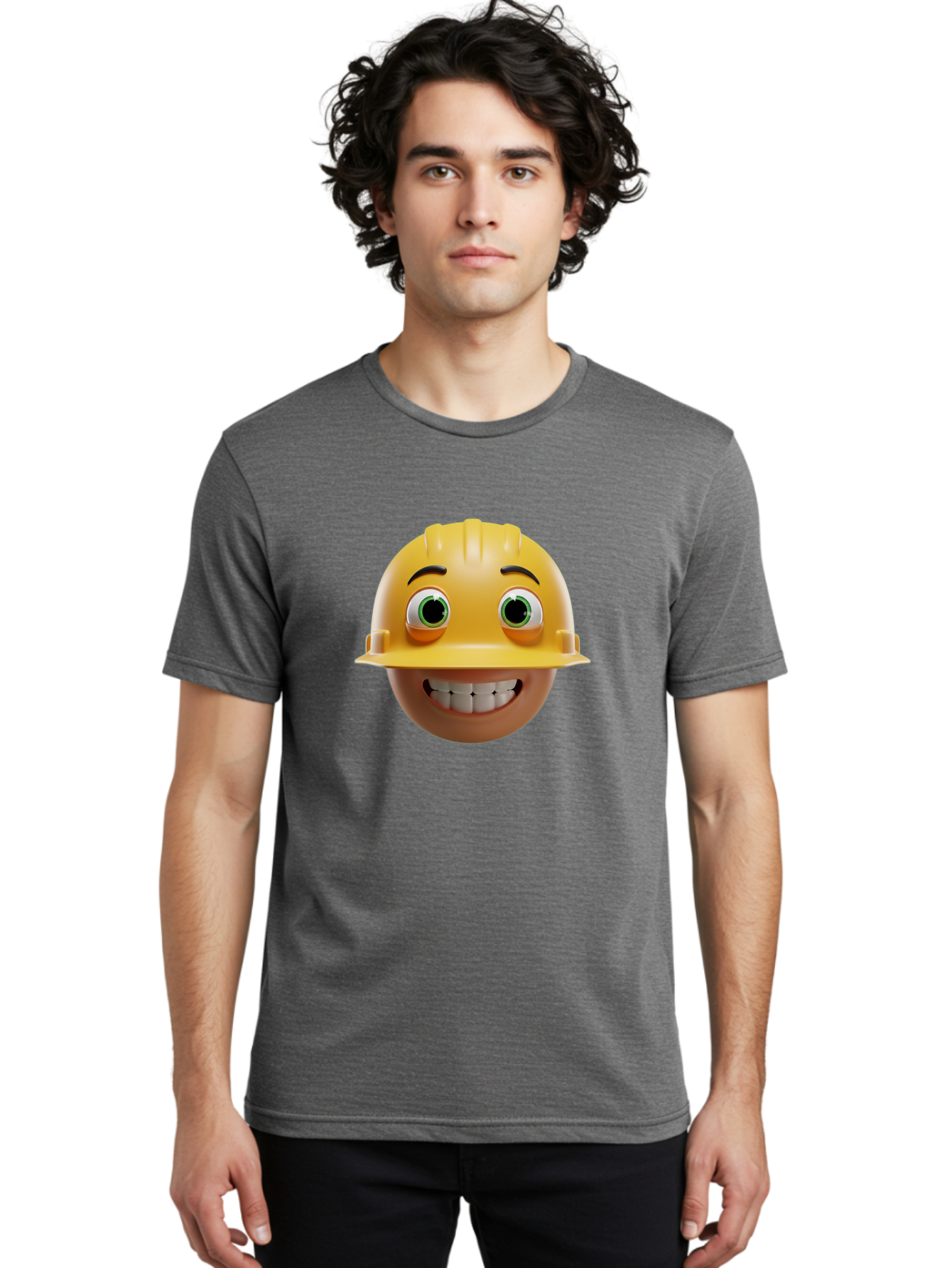 Smiling-Face-With-Hard-Hat Men'S Graphic Tee, 100% Cotton, Comfortable Casual Summer Wear, Machine Washable, Construction Worker, Happy Face, Yellow Hard Hat, Emoji Character, Cartoon Style, Funny Expression, Big Smile, Construction Theme, Bad638 27