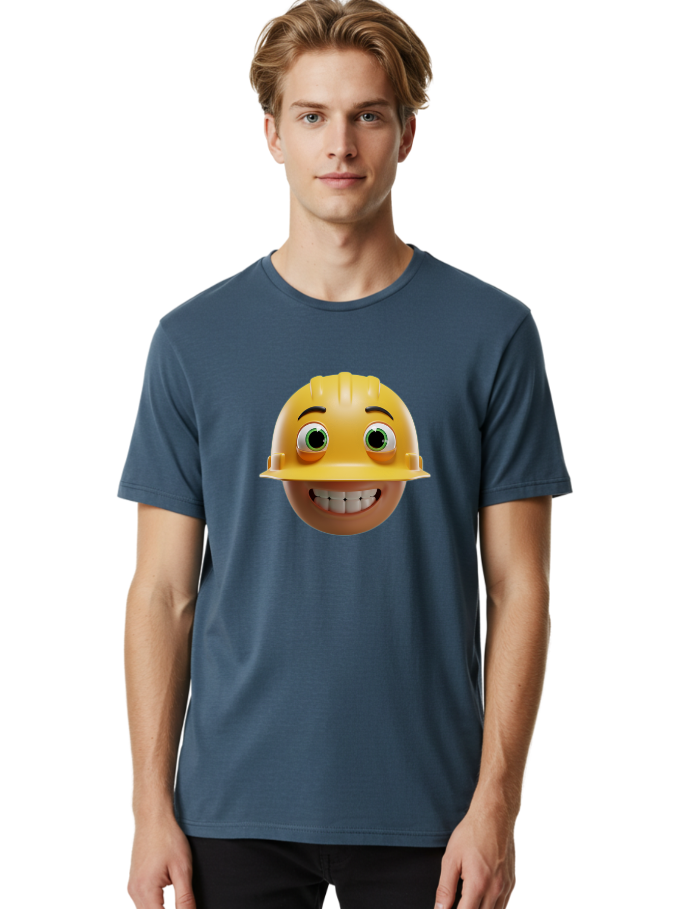 Smiling-Face-With-Hard-Hat Men'S Graphic Tee, 100% Cotton, Comfortable Casual Summer Wear, Machine Washable, Construction Worker, Happy Face, Yellow Hard Hat, Emoji Character, Cartoon Style, Funny Expression, Big Smile, Construction Theme, Bad638 18