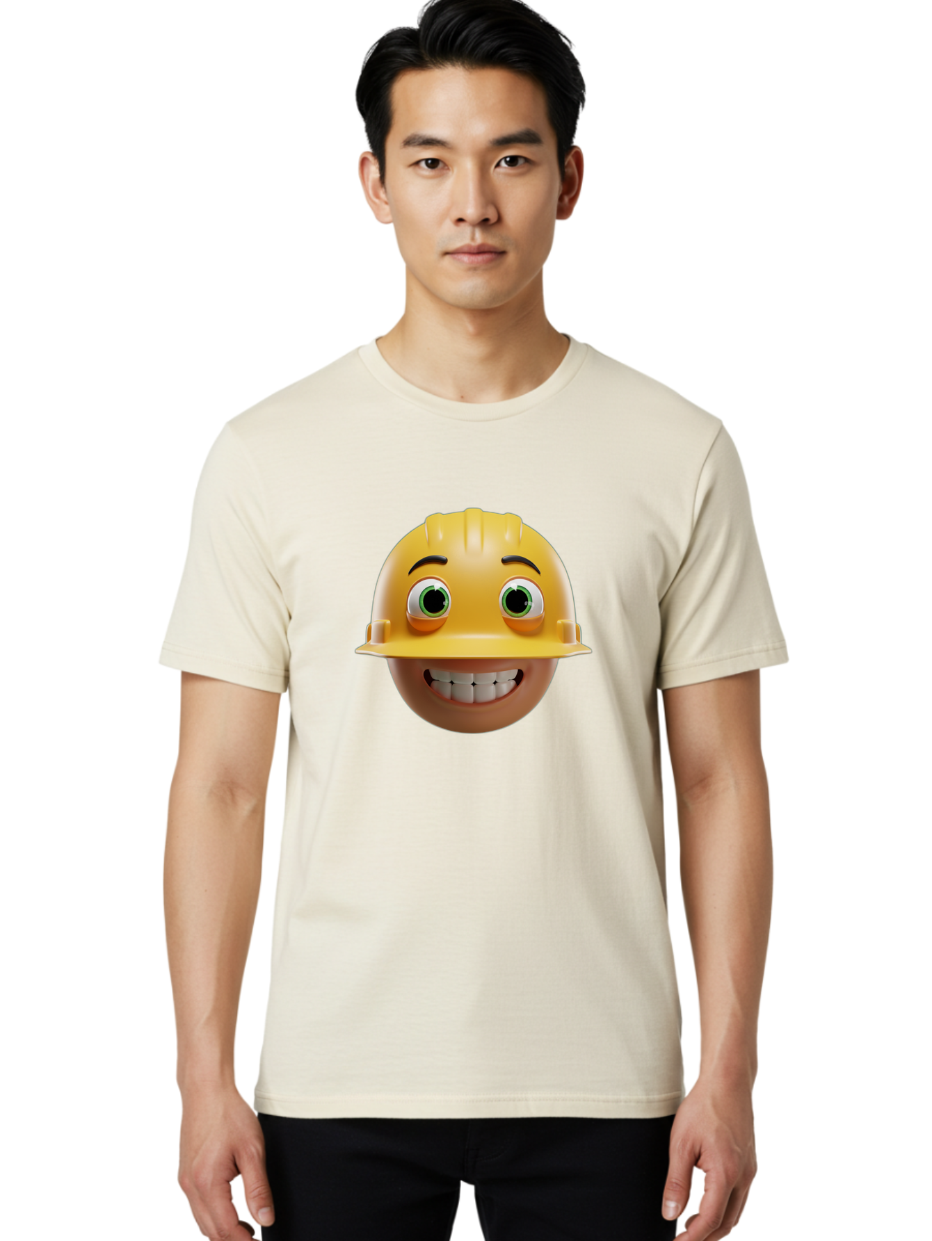 Smiling-Face-With-Hard-Hat Men'S Graphic Tee, 100% Cotton, Comfortable Casual Summer Wear, Machine Washable, Construction Worker, Happy Face, Yellow Hard Hat, Emoji Character, Cartoon Style, Funny Expression, Big Smile, Construction Theme, Bad638 22