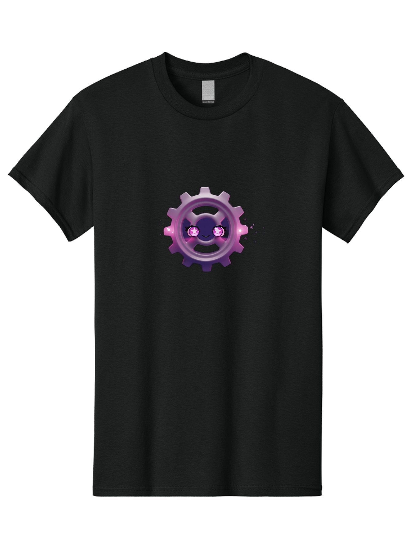 Smiling-Gear-1 Men'S Graphic Tee, 100% Cotton, Comfortable Casual Summer Wear, Machine Washable, Cartoon Gear, Smiling Face, Pink Eyes, Purple Hue, Mechanical Character, Robotic Smile, Whimsical Design, Fantastical Machinery, Bad639 9
