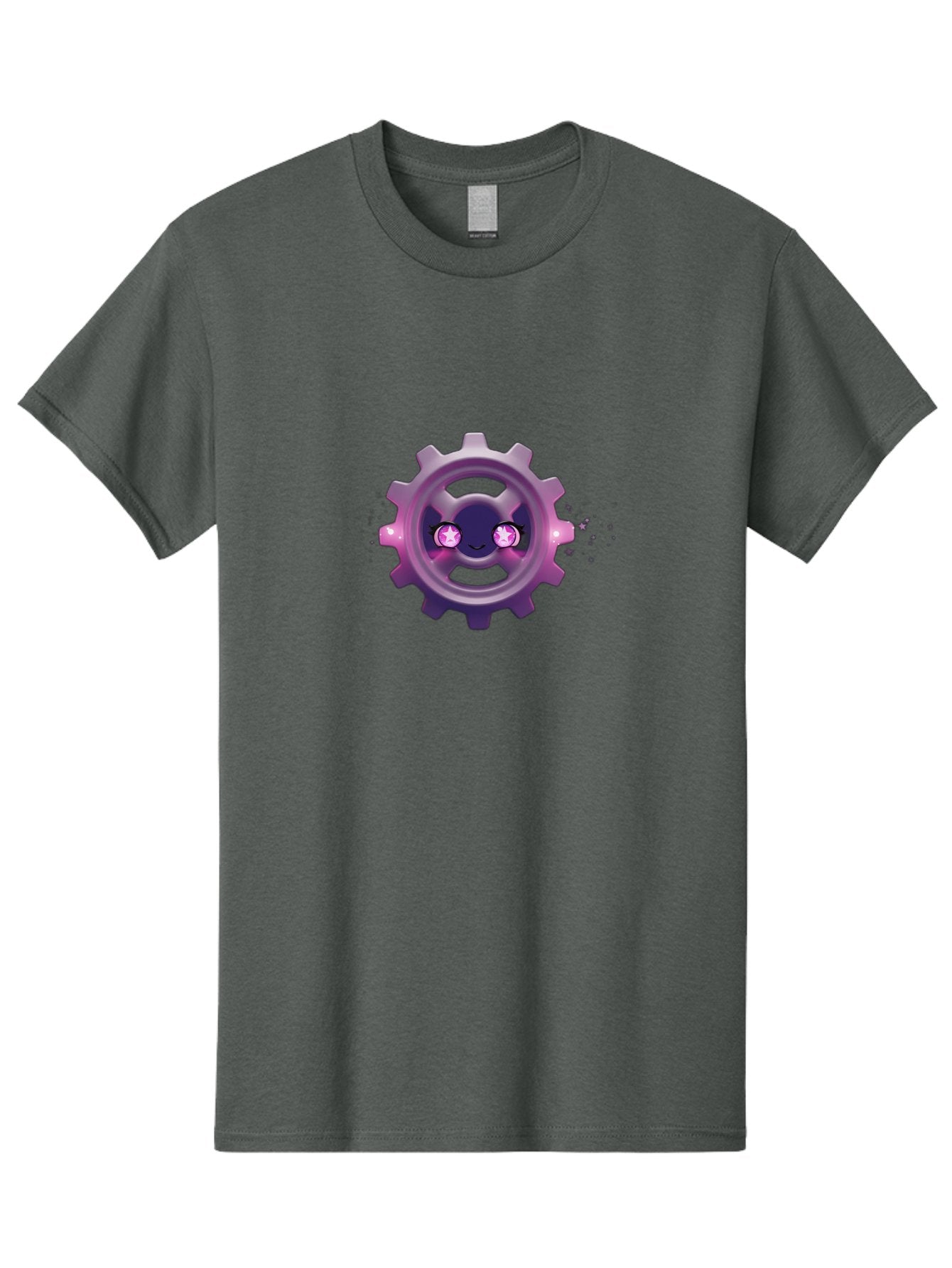Smiling-Gear-1 Men'S Graphic Tee, 100% Cotton, Comfortable Casual Summer Wear, Machine Washable, Cartoon Gear, Smiling Face, Pink Eyes, Purple Hue, Mechanical Character, Robotic Smile, Whimsical Design, Fantastical Machinery, Bad639 10