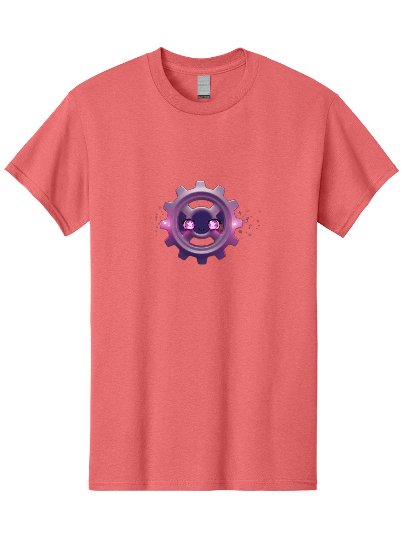 Smiling-Gear-1 Men'S Graphic Tee, 100% Cotton, Comfortable Casual Summer Wear, Machine Washable, Cartoon Gear, Smiling Face, Pink Eyes, Purple Hue, Mechanical Character, Robotic Smile, Whimsical Design, Fantastical Machinery, Bad639
