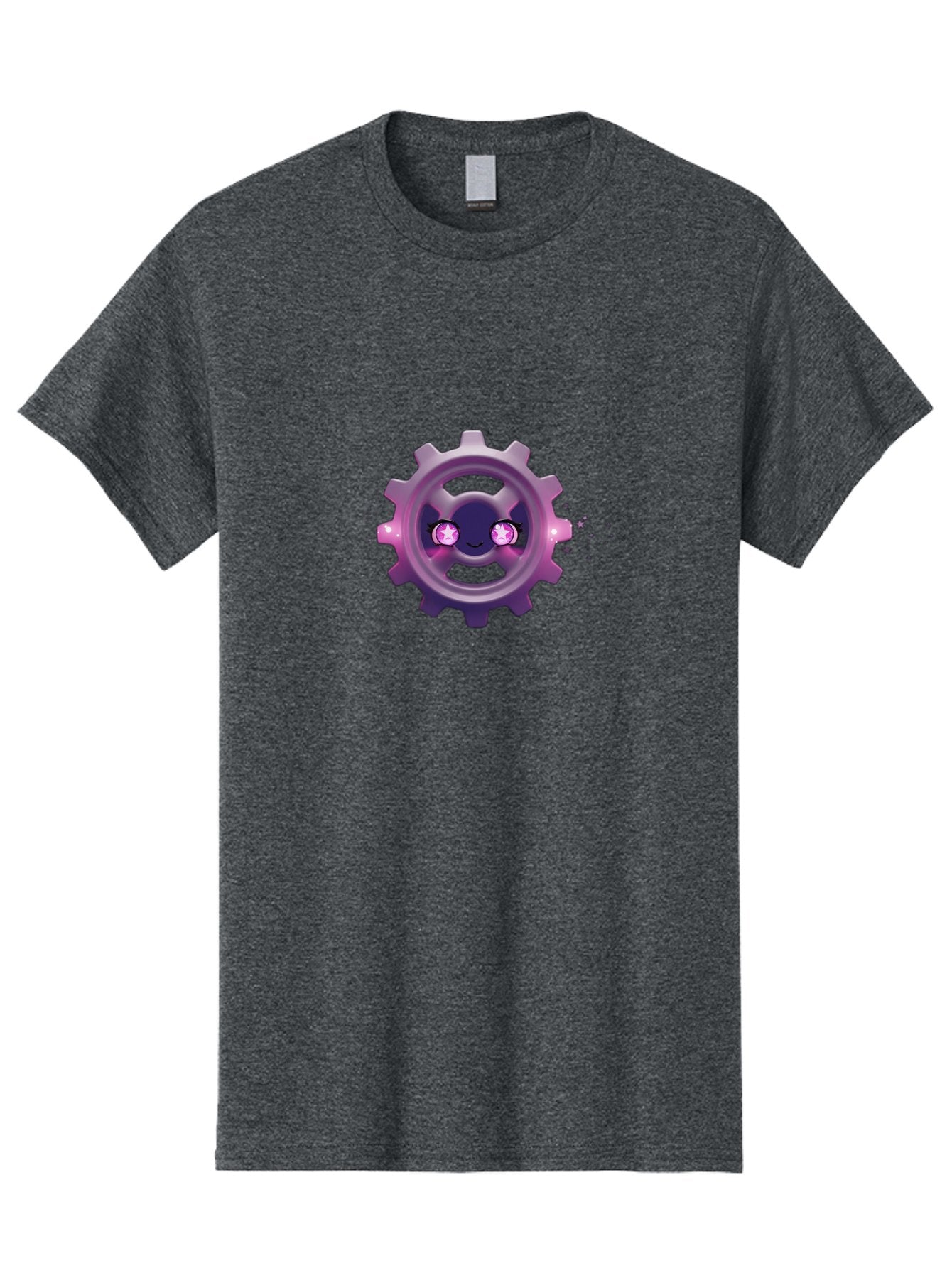 Smiling-Gear-1 Men'S Graphic Tee, 100% Cotton, Comfortable Casual Summer Wear, Machine Washable, Cartoon Gear, Smiling Face, Pink Eyes, Purple Hue, Mechanical Character, Robotic Smile, Whimsical Design, Fantastical Machinery, Bad639 5