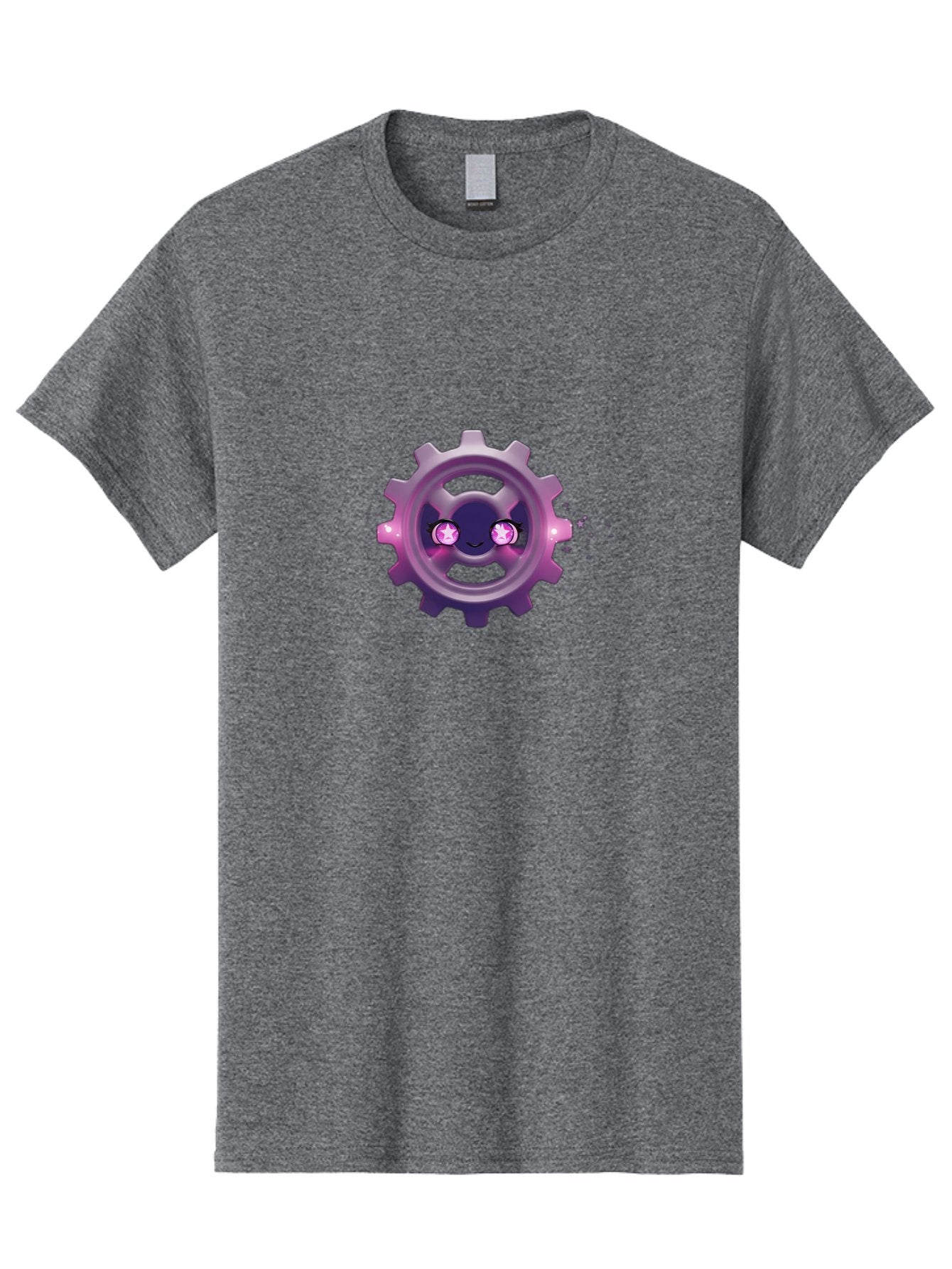 Smiling-Gear-1 Men'S Graphic Tee, 100% Cotton, Comfortable Casual Summer Wear, Machine Washable, Cartoon Gear, Smiling Face, Pink Eyes, Purple Hue, Mechanical Character, Robotic Smile, Whimsical Design, Fantastical Machinery, Bad639 13