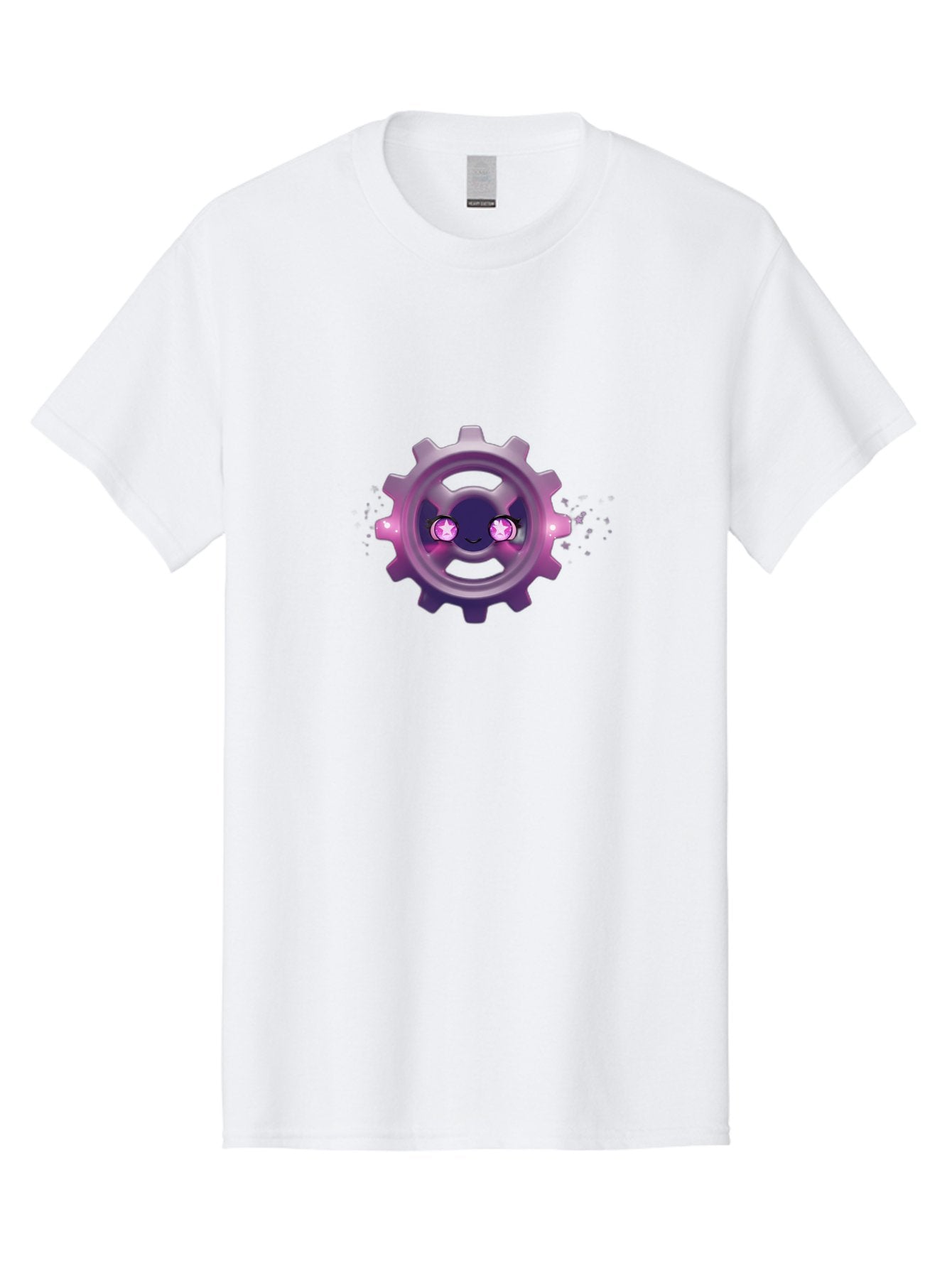 Smiling-Gear-1 Men'S Graphic Tee, 100% Cotton, Comfortable Casual Summer Wear, Machine Washable, Cartoon Gear, Smiling Face, Pink Eyes, Purple Hue, Mechanical Character, Robotic Smile, Whimsical Design, Fantastical Machinery, Bad639 4