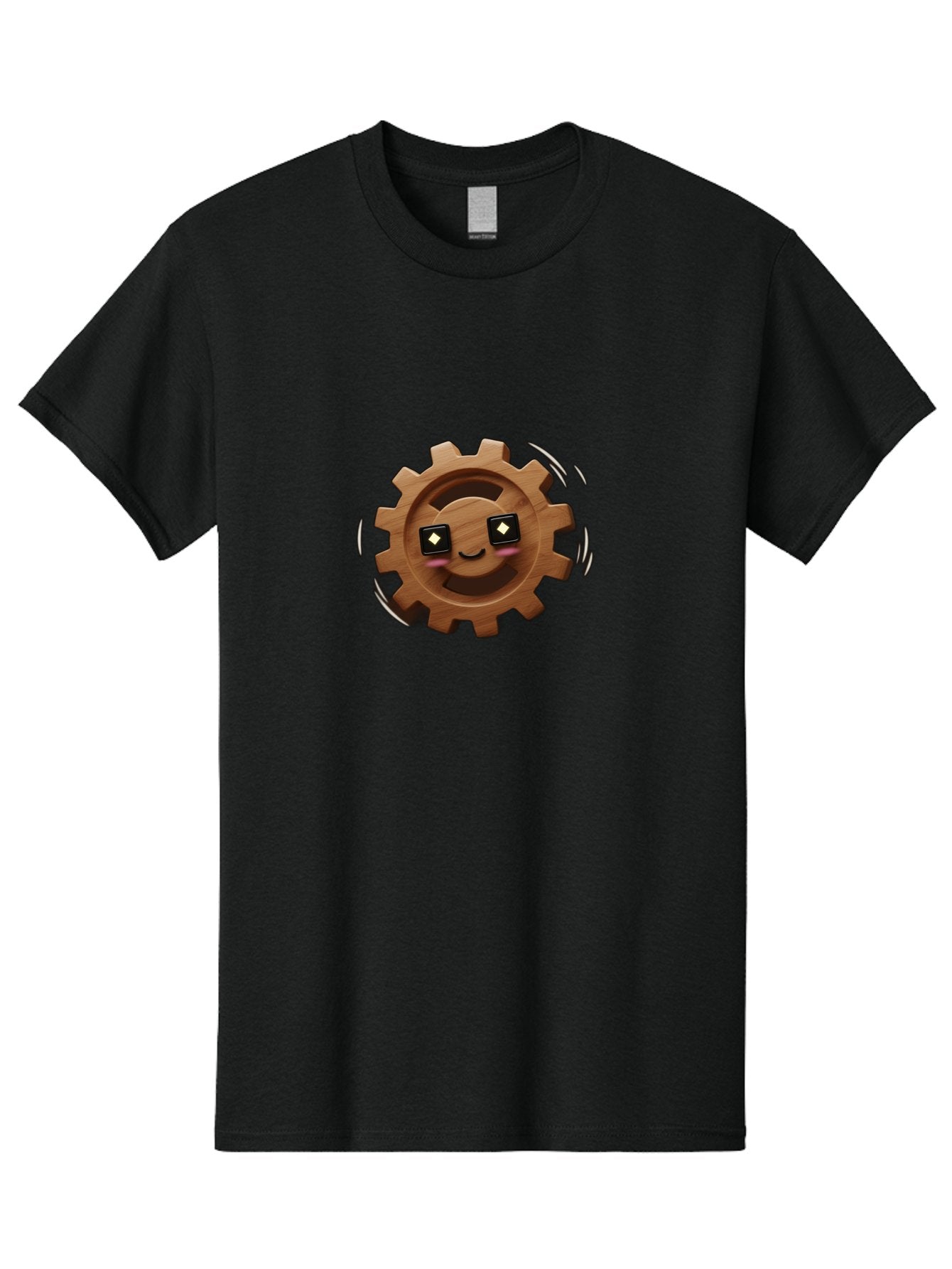 Smiling-Gear Men'S Graphic Tee, 100% Cotton, Comfortable Casual Summer Wear, Machine Washable, Wooden Gear Character, Smiling Face, Diamond Eyes, Dynamic Motion, Cartoon Style, Playful Mechanism, Machinery Personification, Tech-Inspired Art Bad640 11