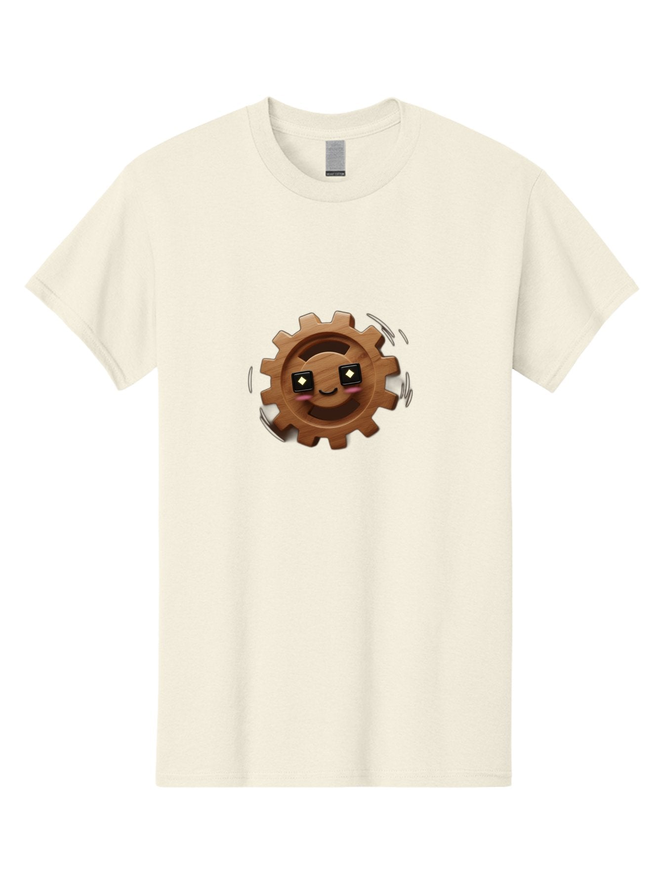 Smiling-Gear Men'S Graphic Tee, 100% Cotton, Comfortable Casual Summer Wear, Machine Washable, Wooden Gear Character, Smiling Face, Diamond Eyes, Dynamic Motion, Cartoon Style, Playful Mechanism, Machinery Personification, Tech-Inspired Art Bad640