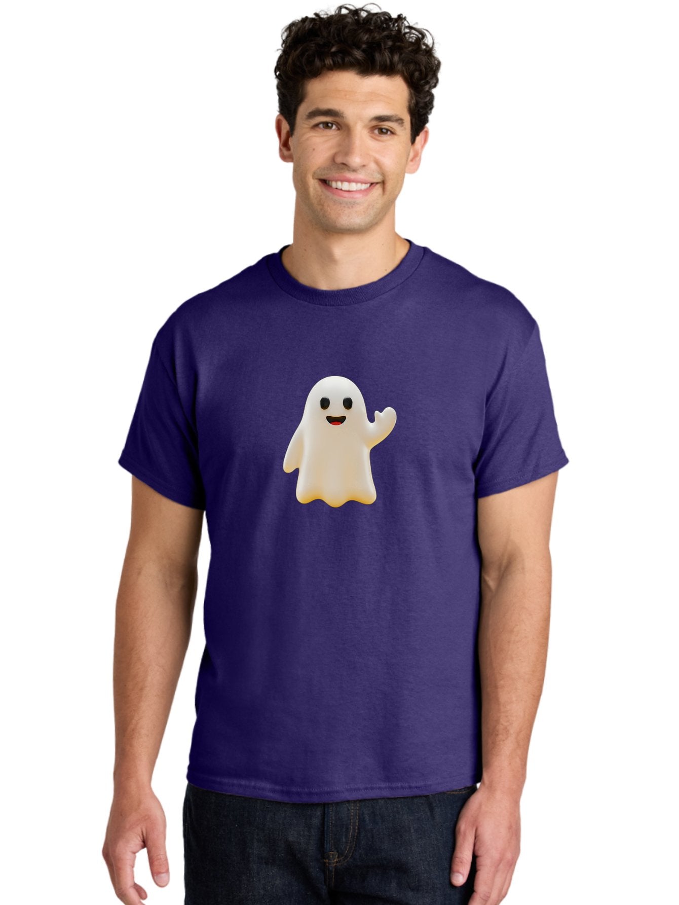 Smiling-Ghost Men'S Graphic Tee, 100% Cotton, Comfortable Casual Summer Wear, Machine Washable, Happy Ghost, Cartoon Ghost, Friendly Spirit, Smiling Face, Waving Ghost, Cartoon Character, Halloween Icon, Ghostly Figure, Cute Ghost Bad642 16