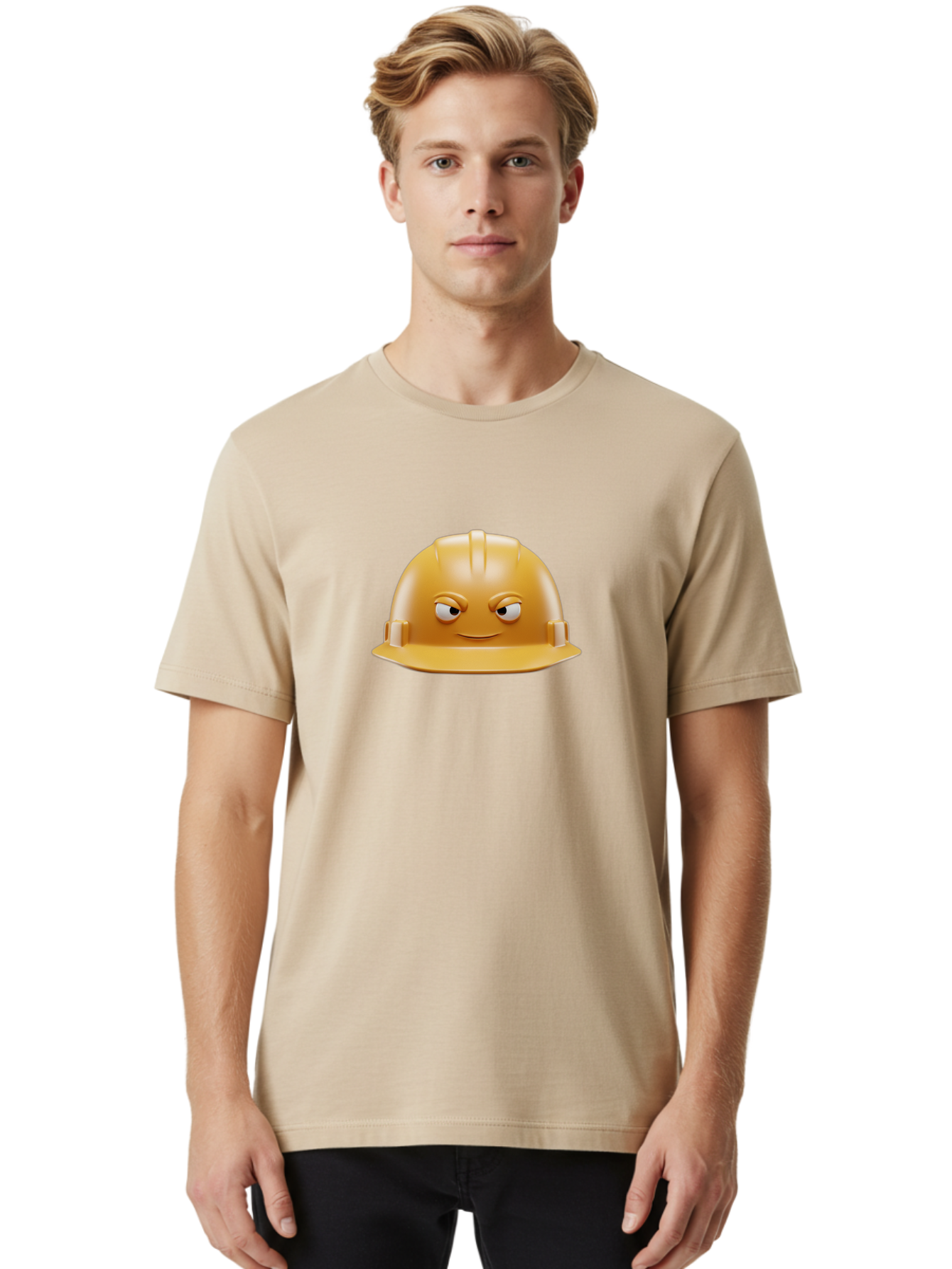 Smiling-Hard-Hat-1 Men'S Graphic Tee, 100% Cotton, Comfortable Casual Summer Wear, Machine Washable, Construction Hard Hat, Safety Helmet, Cartoon Character, Funny Face, Smiling Eyes, Building Industry, Workplace Safety, Security Gear, Bad643 23