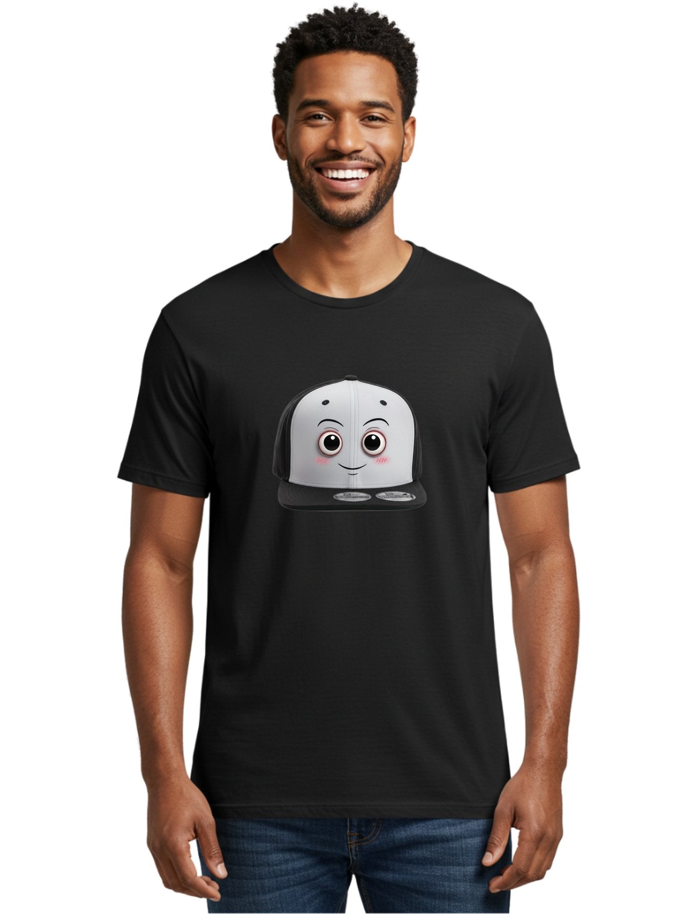Smiling-Hat Men'S Graphic Tee, 100% Cotton, Comfortable Casual Summer Wear, Machine Washable, Thomas The Tank Engine Hat, Train-Themed Apparel, Black And White Baseball Cap, Cartoon Character Hat, Adorable Face, Eye-Catching Design, Bad645 16
