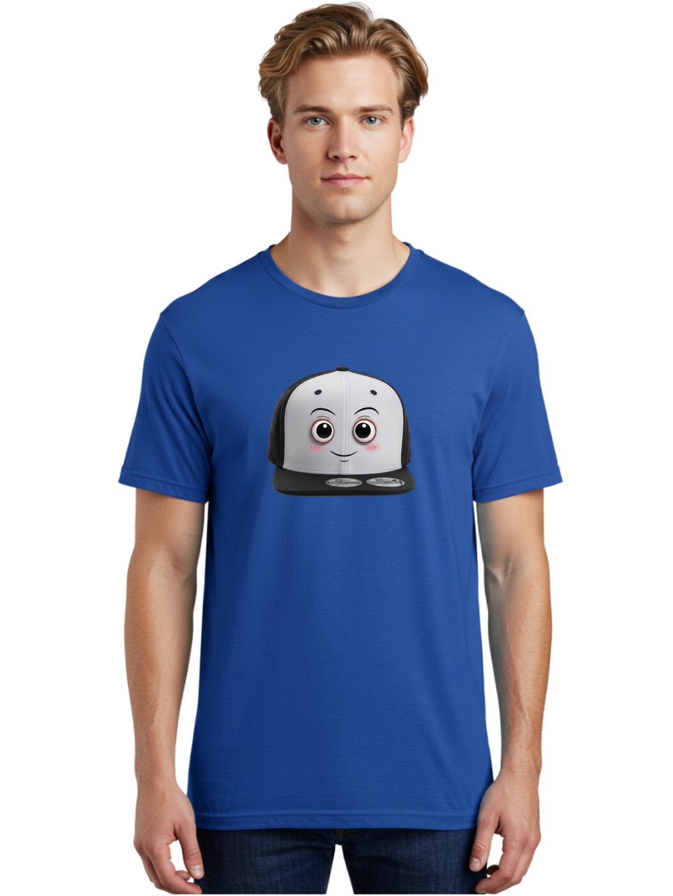 Smiling-Hat Men'S Graphic Tee, 100% Cotton, Comfortable Casual Summer Wear, Machine Washable, Thomas The Tank Engine Hat, Train-Themed Apparel, Black And White Baseball Cap, Cartoon Character Hat, Adorable Face, Eye-Catching Design, Bad645 28