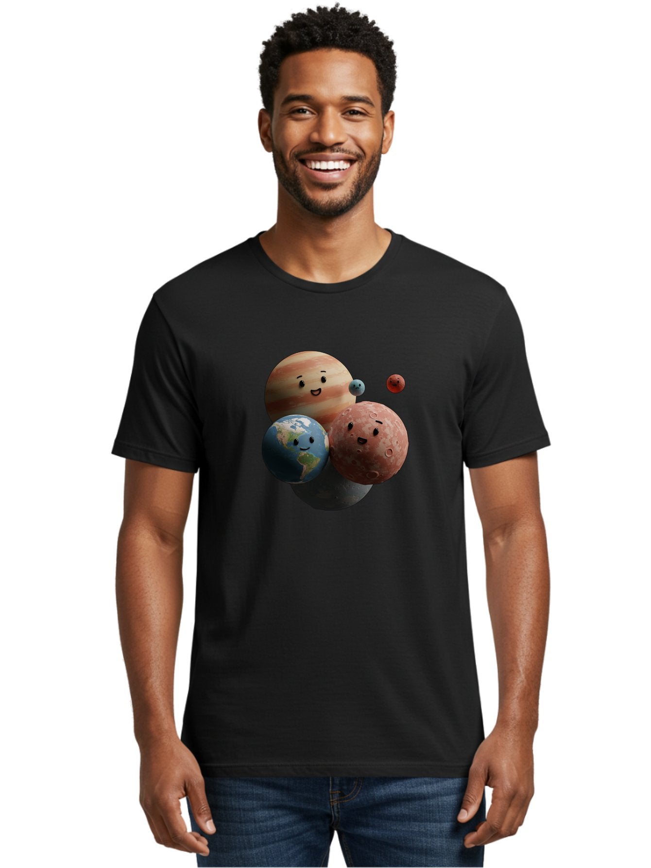 Smiling-Planets Men'S Graphic Tee, 100% Cotton, Comfortable Casual Summer Wear, Machine Washable, Cartoon Planets, Smiling Faces, Jupiter, Earth, Mars, Space, Solar System, Astronomy, Celestial Bodies, Fantasy, Illustration Bad647 16