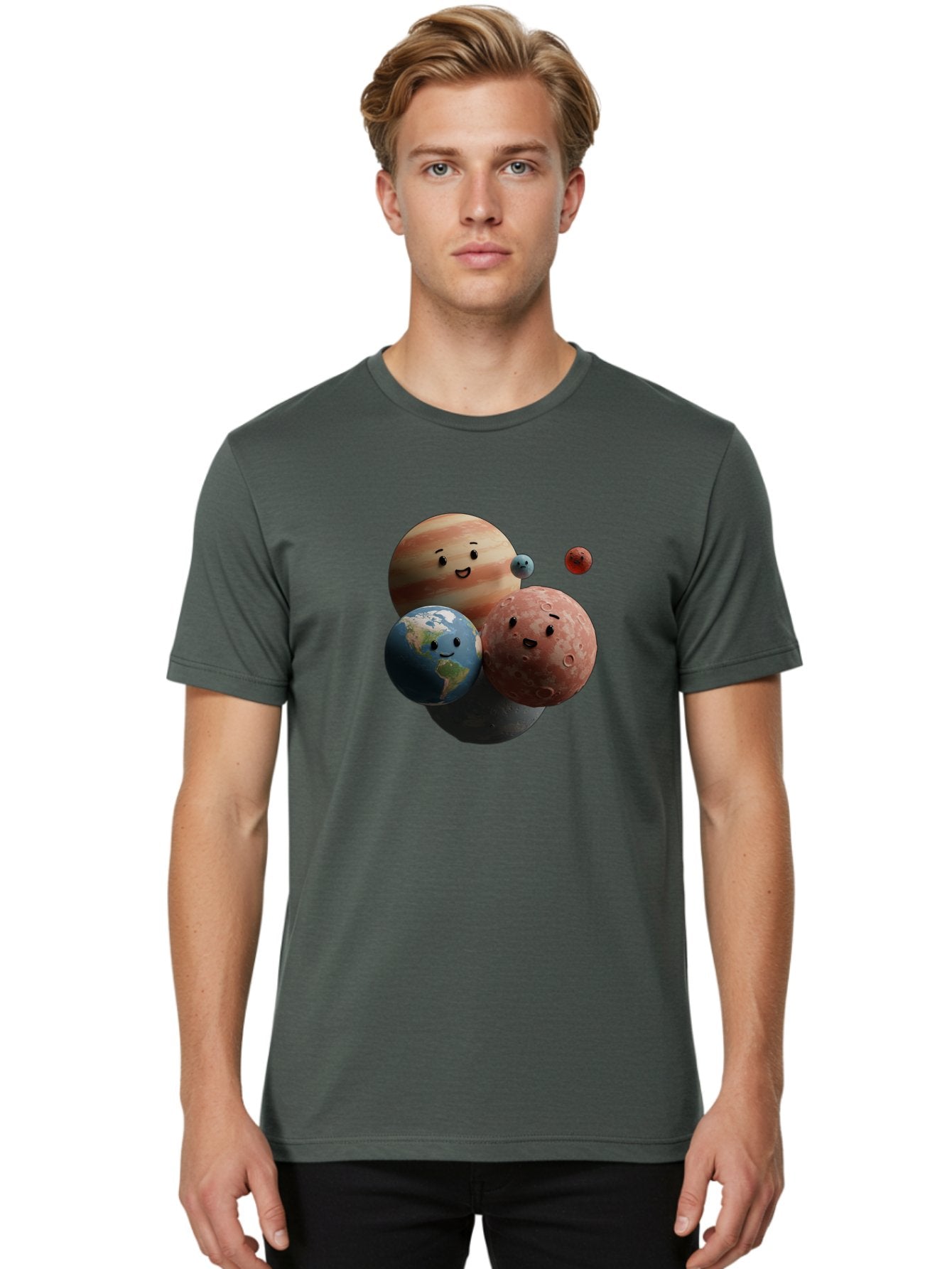 Smiling-Planets Men'S Graphic Tee, 100% Cotton, Comfortable Casual Summer Wear, Machine Washable, Cartoon Planets, Smiling Faces, Jupiter, Earth, Mars, Space, Solar System, Astronomy, Celestial Bodies, Fantasy, Illustration Bad647 18