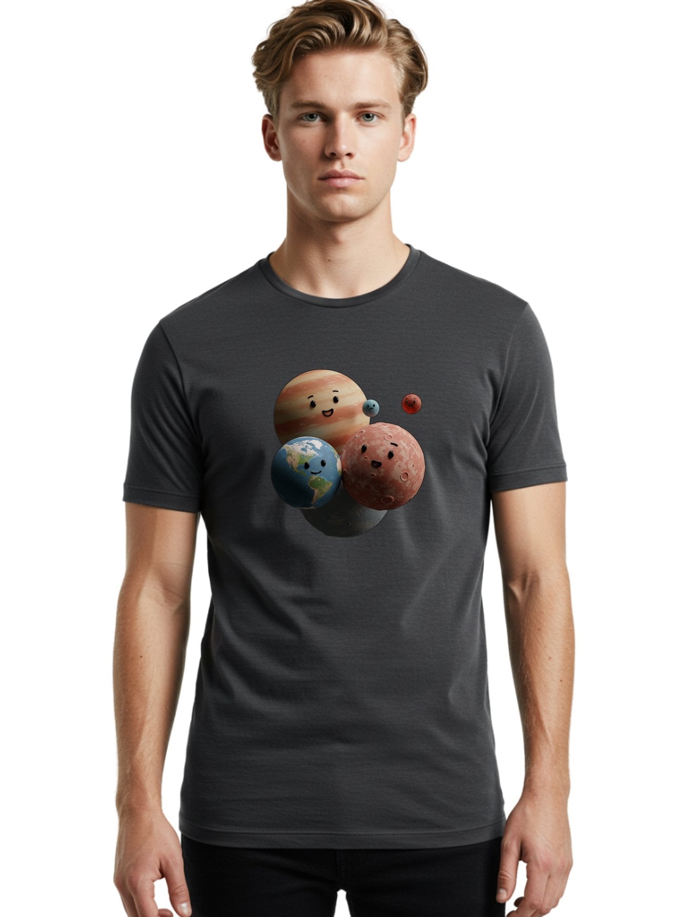 Smiling-Planets Men'S Graphic Tee, 100% Cotton, Comfortable Casual Summer Wear, Machine Washable, Cartoon Planets, Smiling Faces, Jupiter, Earth, Mars, Space, Solar System, Astronomy, Celestial Bodies, Fantasy, Illustration Bad647 29