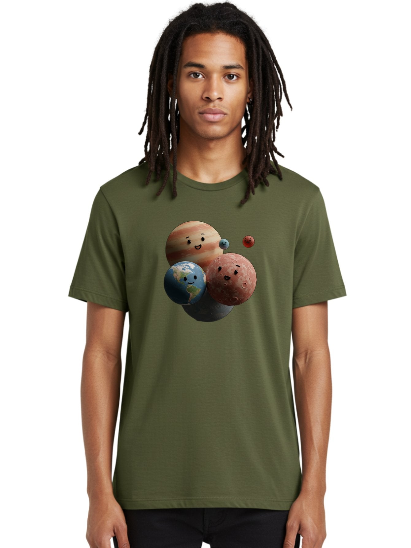 Smiling-Planets Men'S Graphic Tee, 100% Cotton, Comfortable Casual Summer Wear, Machine Washable, Cartoon Planets, Smiling Faces, Jupiter, Earth, Mars, Space, Solar System, Astronomy, Celestial Bodies, Fantasy, Illustration Bad647 26