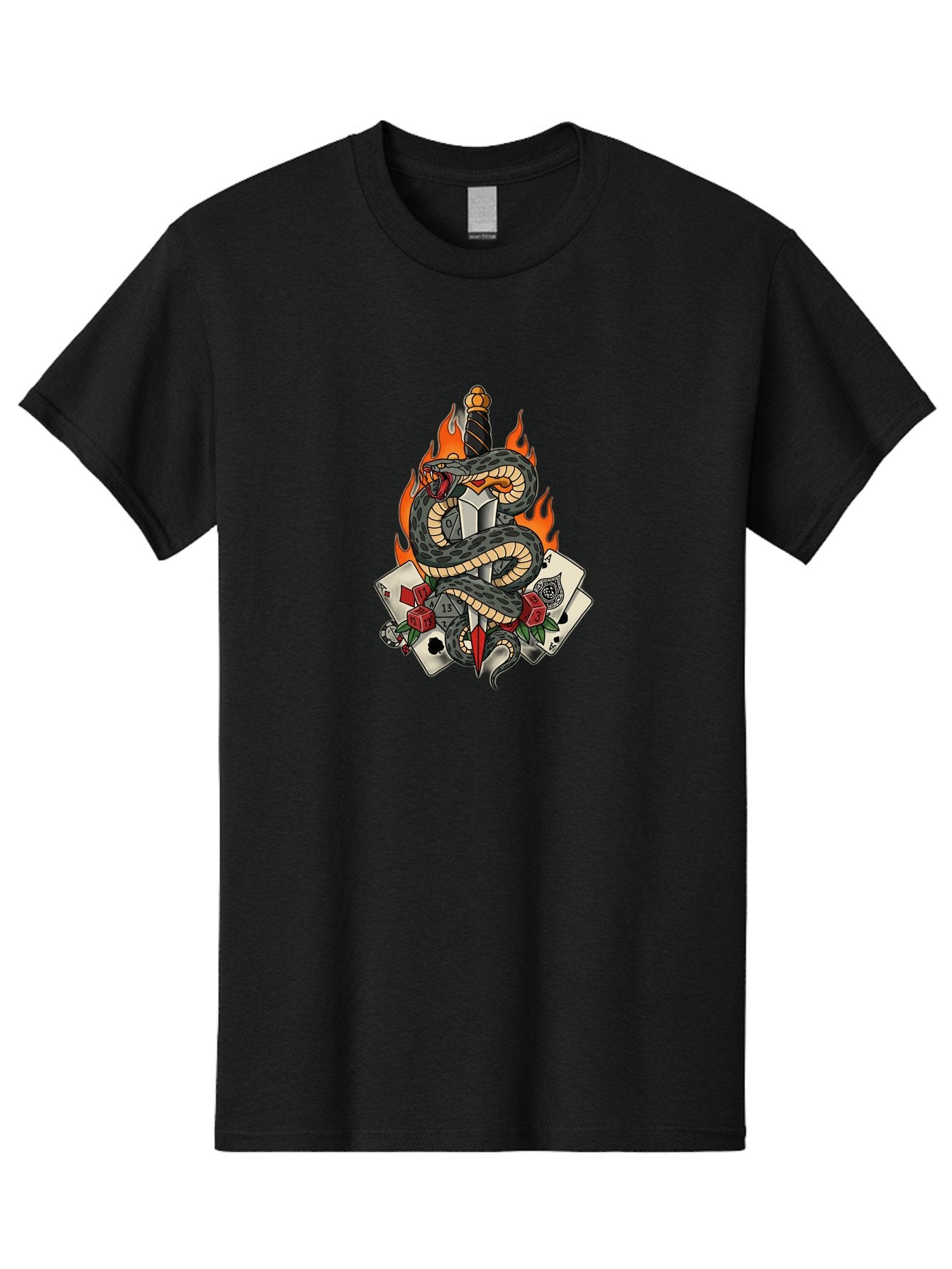 Snake-Dagger-Tattoo Men'S Graphic Tee, 100% Cotton, Comfortable Casual Summer Wear, Machine Washable, Snake Wrapped Dagger, Playing Cards, Red Dice, Skull, Flames, Tattoo Art, Traditional Tattoo, Bold Lines, Vibrant Colors, Dagger With Snake, Bad651 14