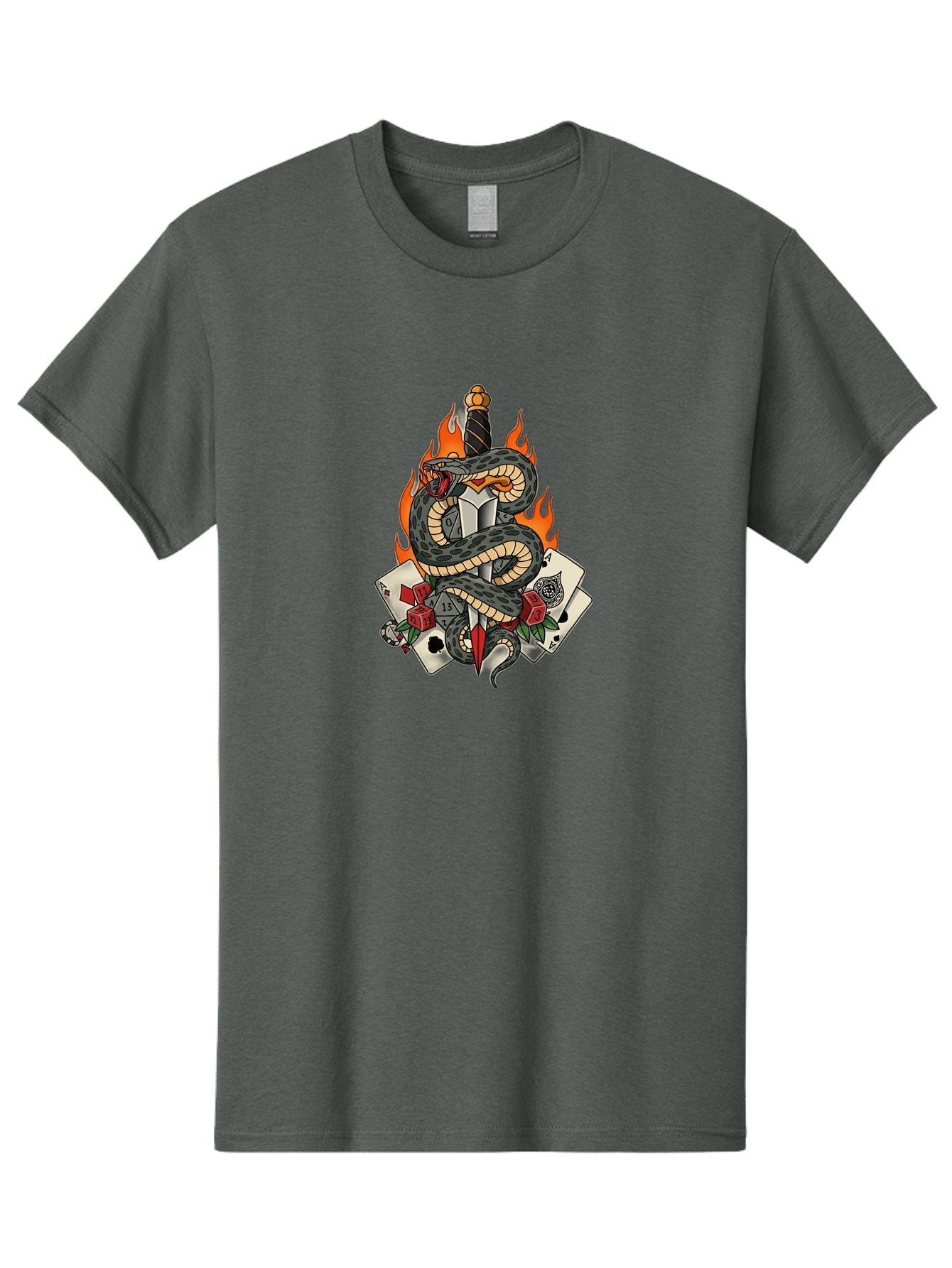 Snake-Dagger-Tattoo Men'S Graphic Tee, 100% Cotton, Comfortable Casual Summer Wear, Machine Washable, Snake Wrapped Dagger, Playing Cards, Red Dice, Skull, Flames, Tattoo Art, Traditional Tattoo, Bold Lines, Vibrant Colors, Dagger With Snake, Bad651 8