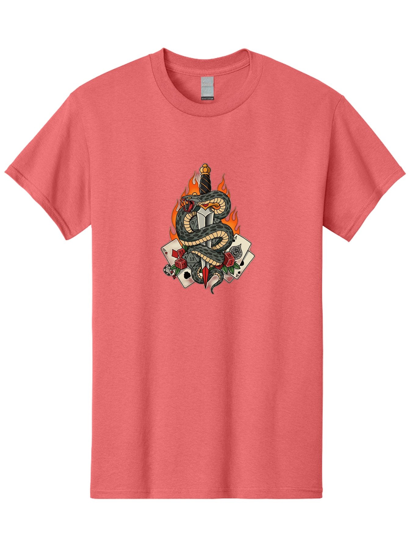 Snake-Dagger-Tattoo Men'S Graphic Tee, 100% Cotton, Comfortable Casual Summer Wear, Machine Washable, Snake Wrapped Dagger, Playing Cards, Red Dice, Skull, Flames, Tattoo Art, Traditional Tattoo, Bold Lines, Vibrant Colors, Dagger With Snake, Bad651 5