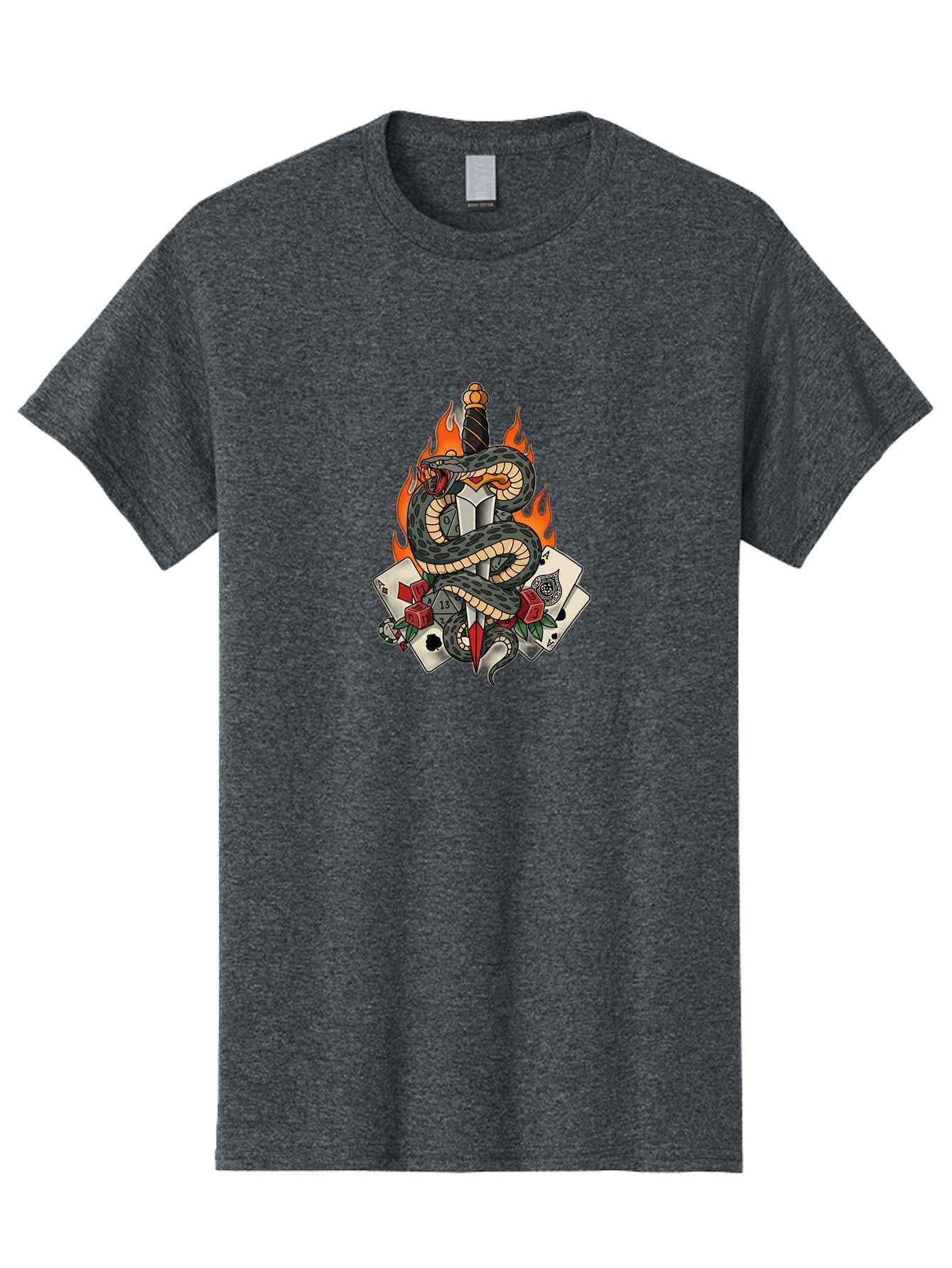 Snake-Dagger-Tattoo Men'S Graphic Tee, 100% Cotton, Comfortable Casual Summer Wear, Machine Washable, Snake Wrapped Dagger, Playing Cards, Red Dice, Skull, Flames, Tattoo Art, Traditional Tattoo, Bold Lines, Vibrant Colors, Dagger With Snake, Bad651 10